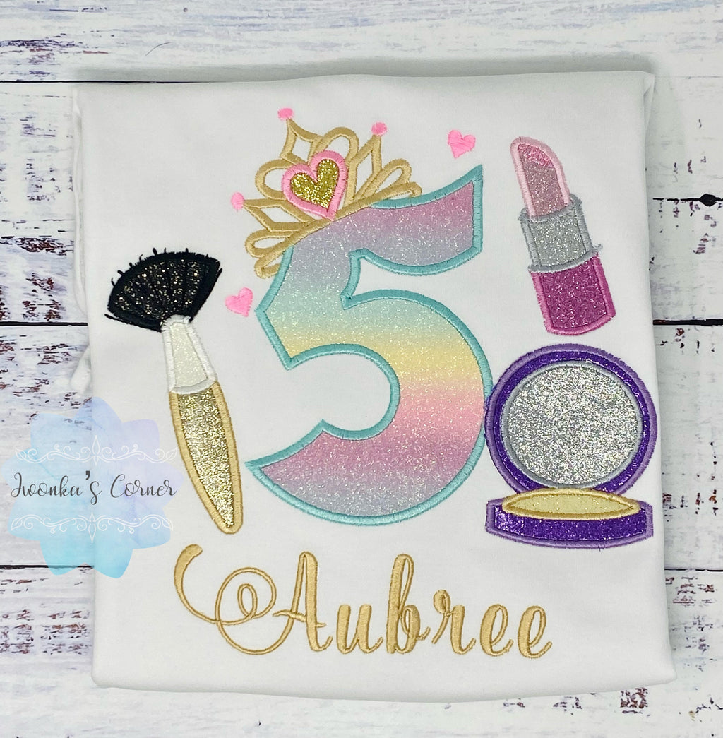 Girl 5th Birthday Shirt with Make up, Princess Birthday Shirt, Number with Tiara, Lipstick Powder Brush, Make up Birthday Party