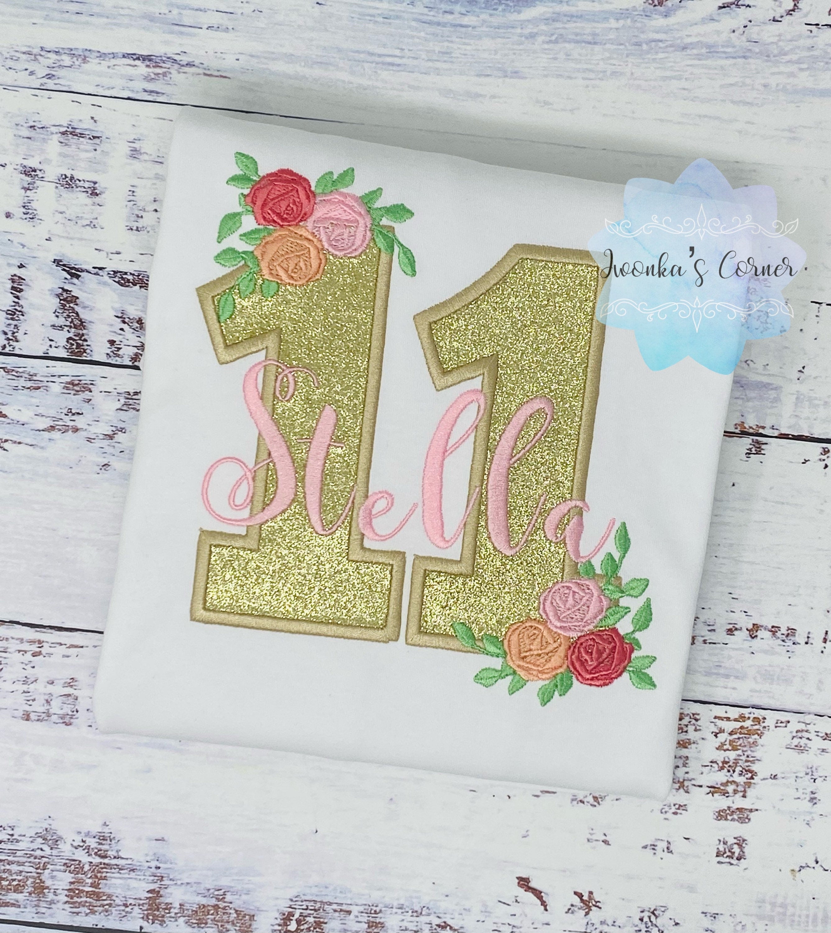 Golden 11th birthday shirt, Gold glitter, Floral birthday shirt, Small Flowers Roses, First Floral Birthday, Personalized applique shirt
