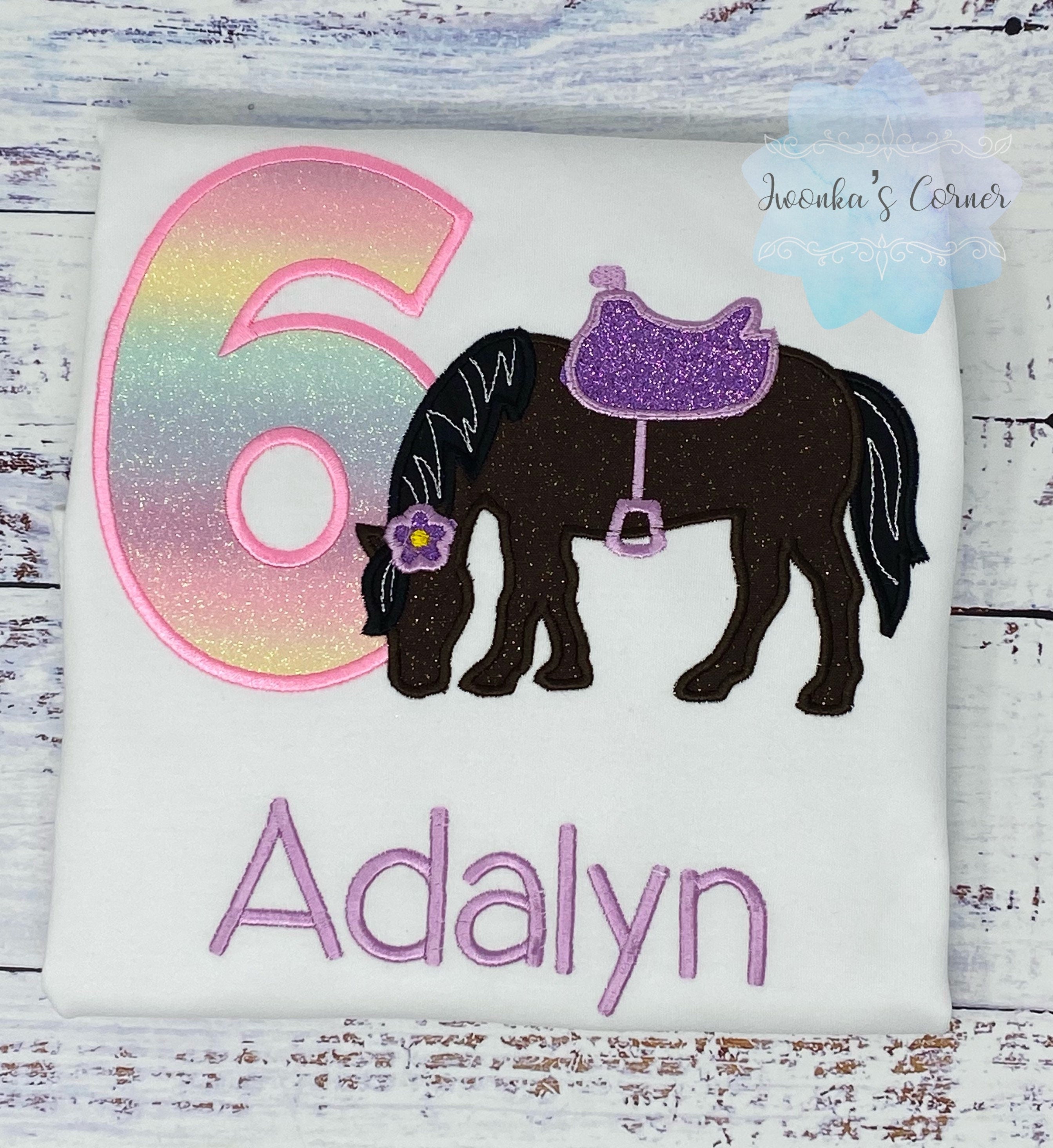 Girl 6th Birthday Shirt With Bay Brown Horse, Birthday Shirt with Horse and Saddle, 4th, 5th, 7th 8th Birthday Shirt, Embroidered Horse