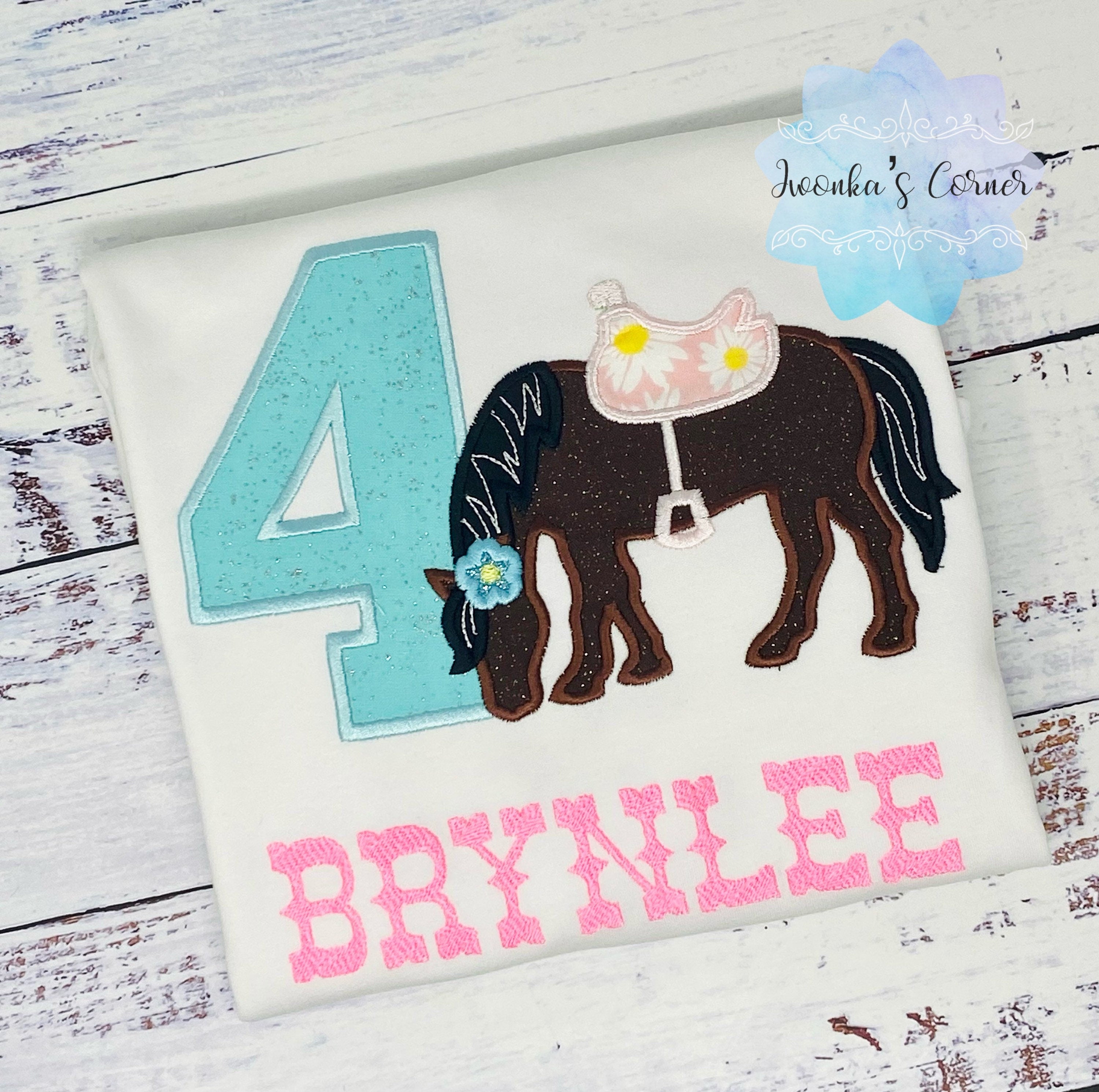 Girl 4th Birthday Shirt With Bay Horse, Birthday Shirt with Brown Ponny and Saddle, 5th 6th 7th Horse Birthday Shirt