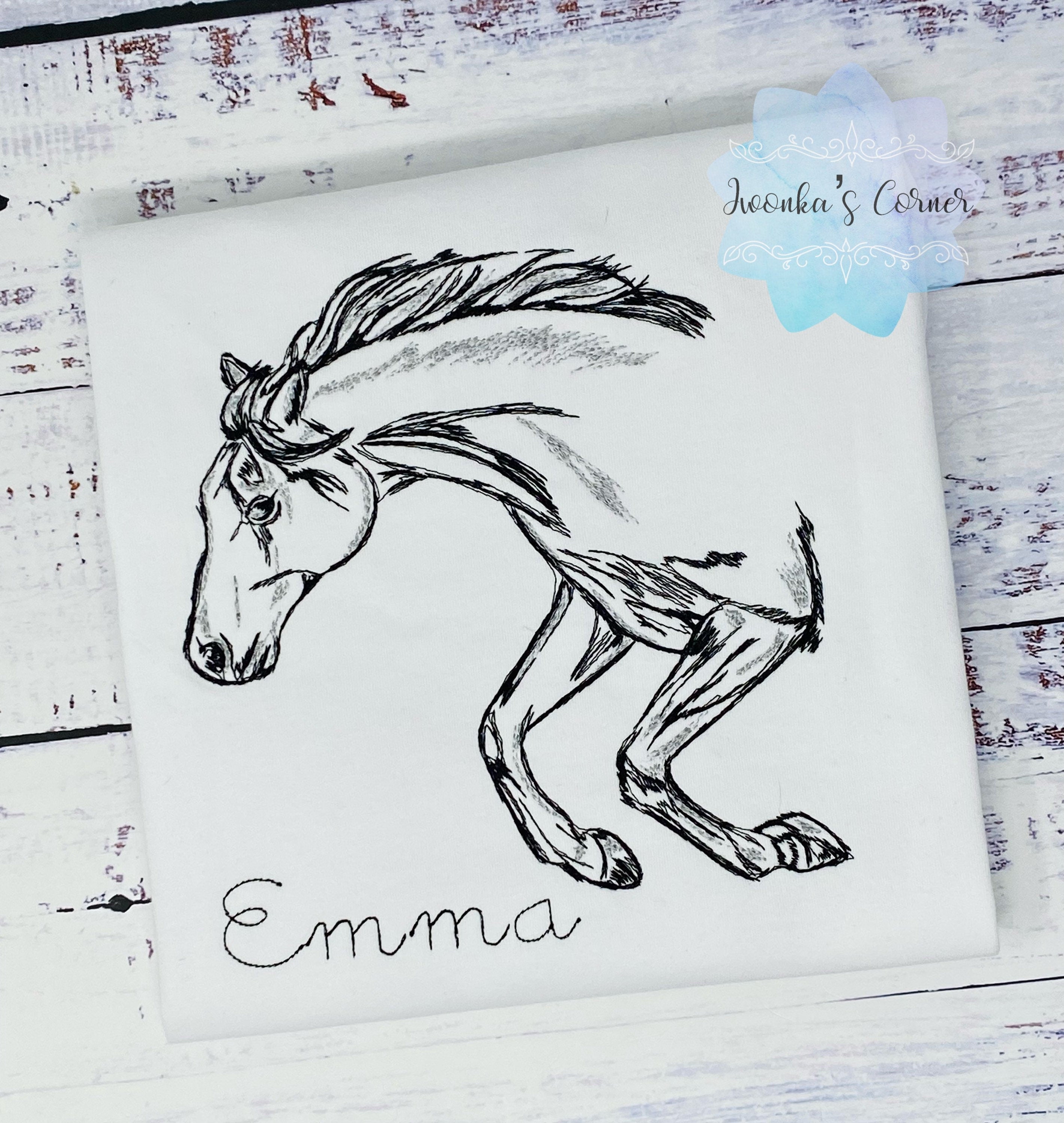 Girl embroidery shirt with jumping horse, Sketch embroidered horse, Personalized T-shirt with pony, size 7,5”x7”