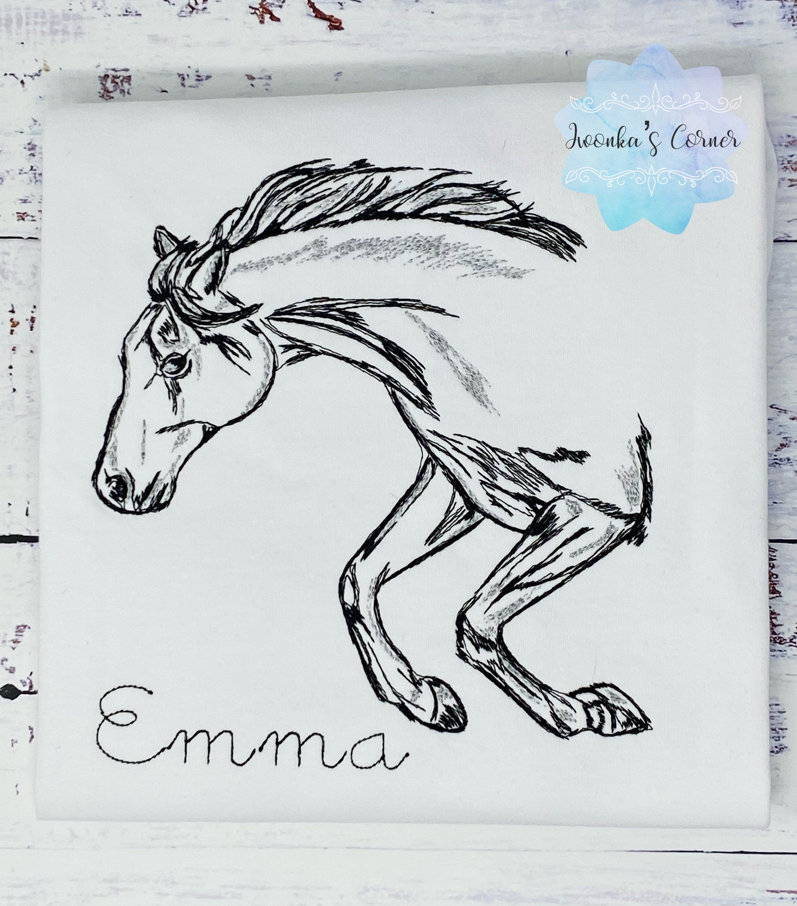 Girl embroidery shirt with jumping horse, Sketch embroidered horse, Personalized T-shirt with pony, size 7,5”x7”