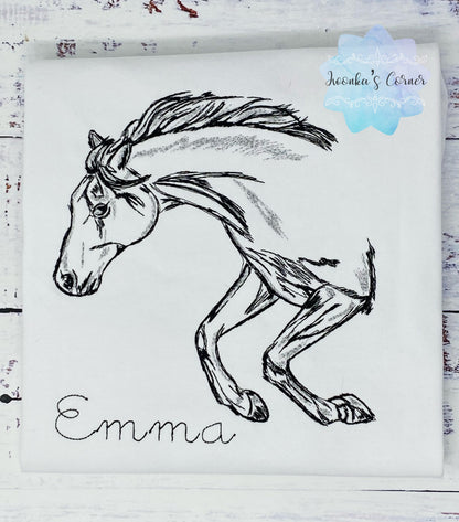 Girl embroidery shirt with jumping horse, Sketch embroidered horse, Personalized T-shirt with pony, size 7,5”x7”