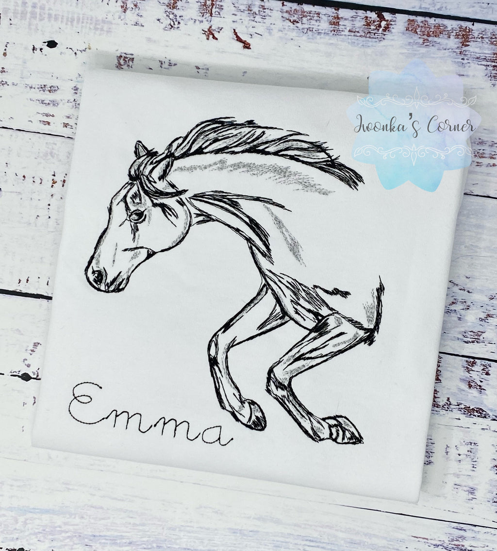 Girl embroidery shirt with jumping horse, Sketch embroidered horse, Personalized T-shirt with pony, size 7,5”x7”