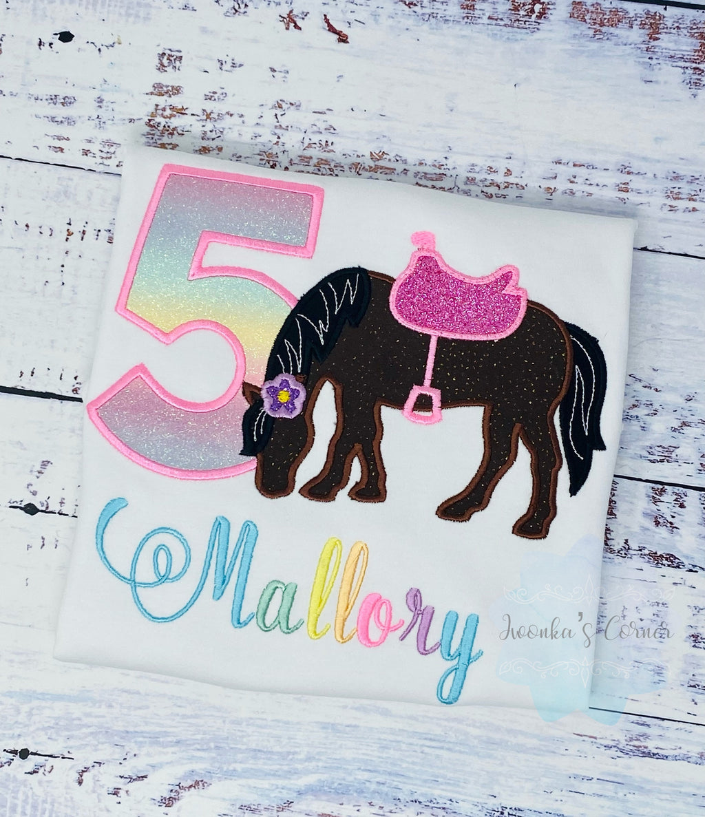 Girl 5th Birthday Shirt With Bay Horse, T-Shirt with Brown Pony and Saddle, 2nd 3rd, 6th 8th Horse Birthday Shirt, Shirt with Pony, Rainbow