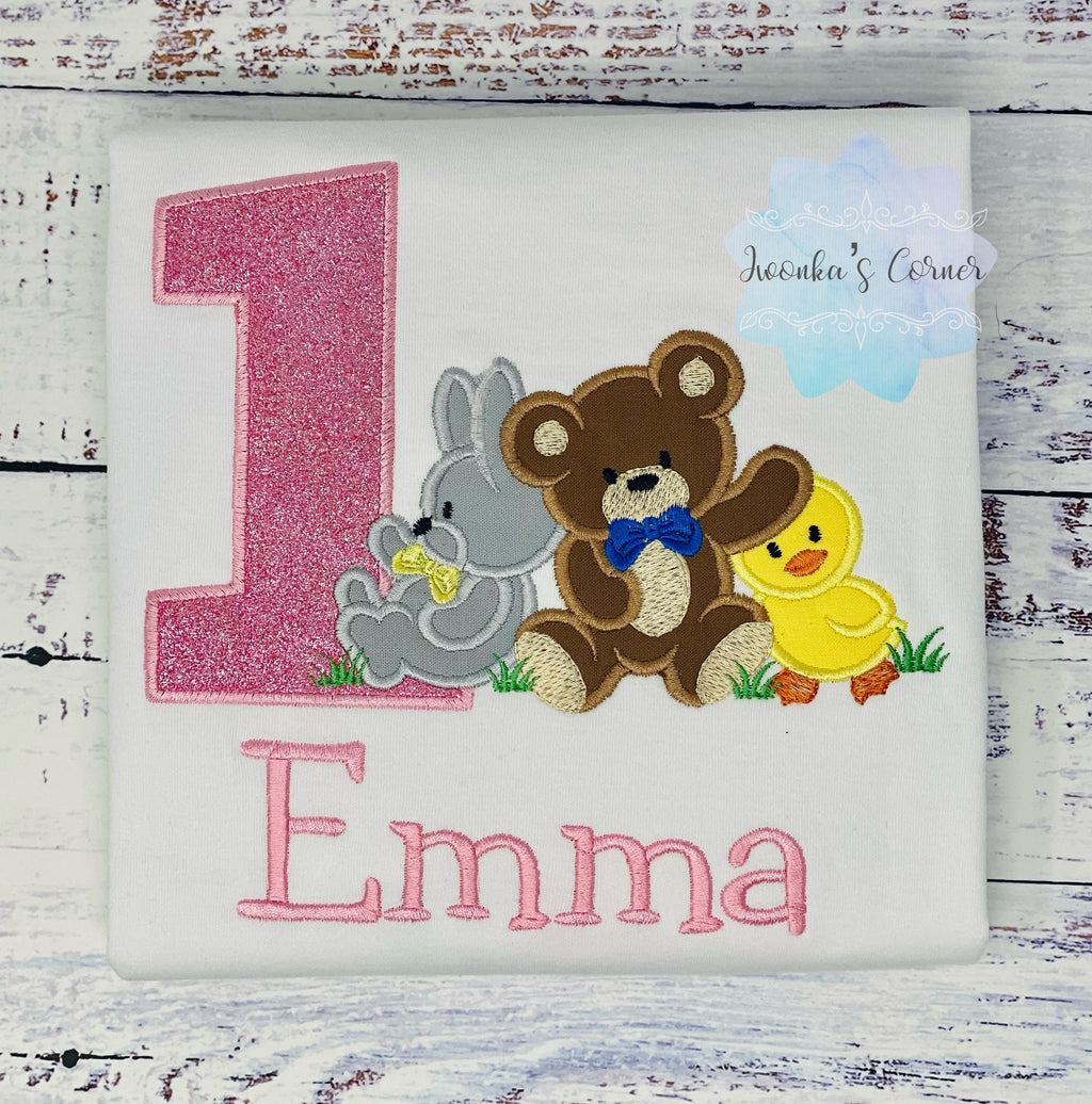 Girl 1st birthday embroidery shirt, Shirt with bear, duckling and bunny, Embroidery tee with animals, T-shirt with cute animals
