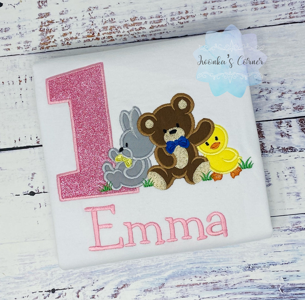 Girl 1st birthday embroidery shirt, Shirt with bear, duckling and bunny, Embroidery tee with animals, T-shirt with cute animals
