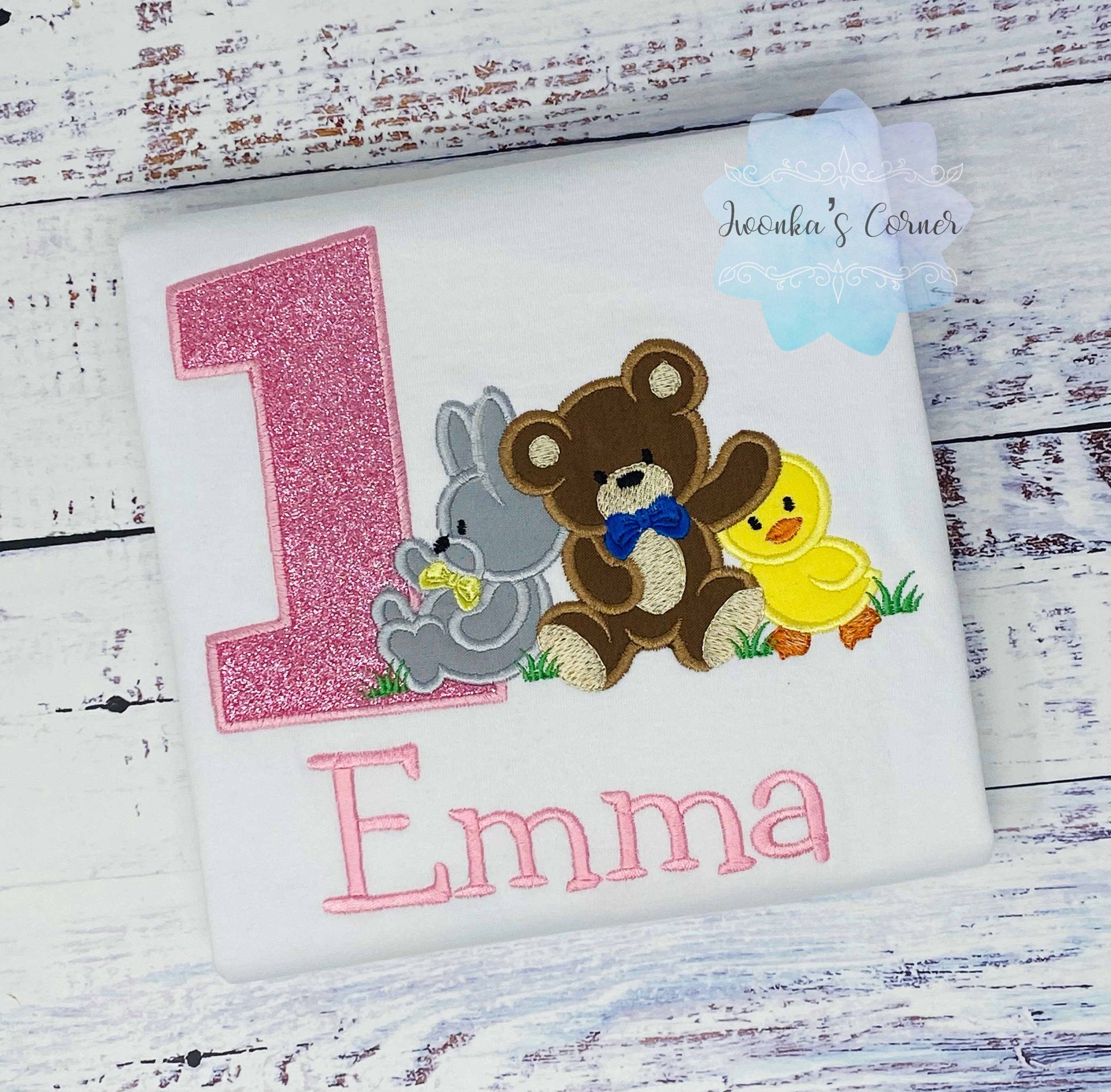 Girl 1st birthday embroidery shirt, Shirt with bear, duckling and bunny, Embroidery tee with animals, T-shirt with cute animals