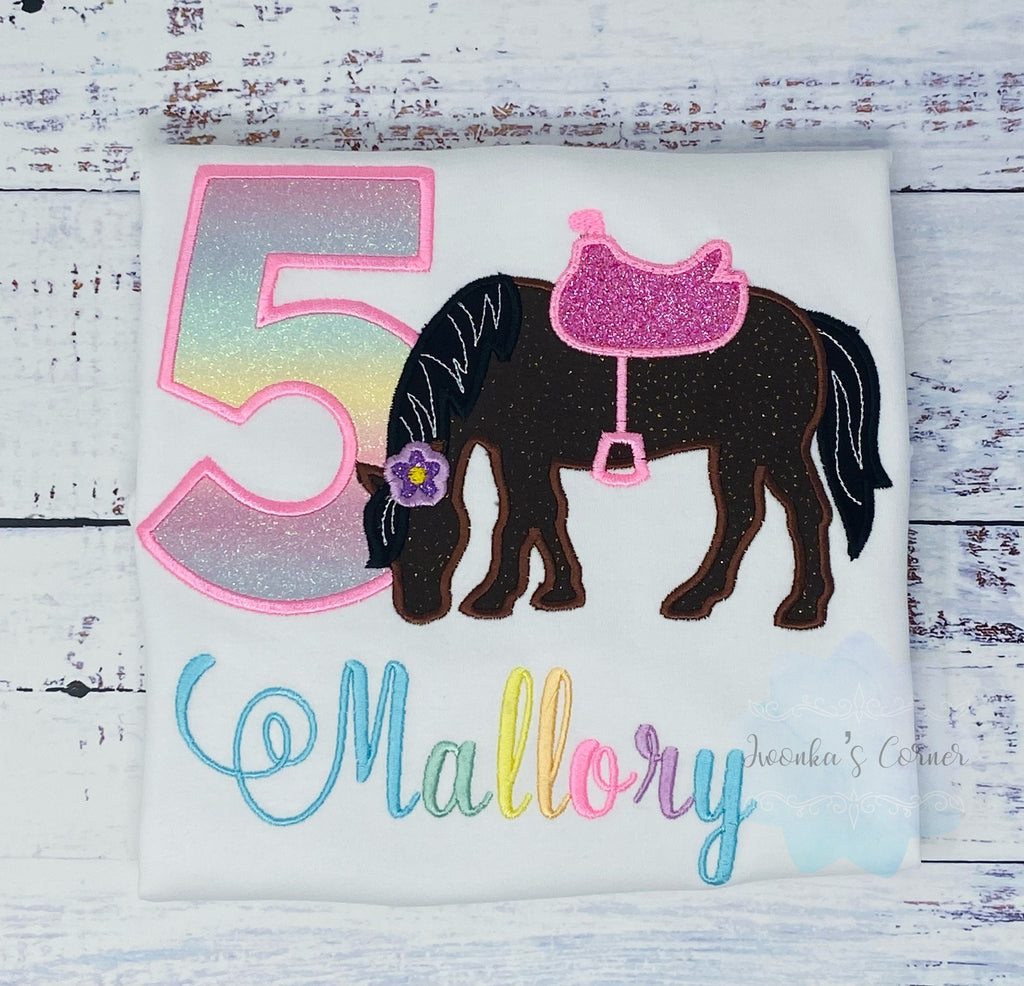 Girl 5th Birthday Shirt With Bay Horse, T-Shirt with Brown Pony and Saddle, 2nd 3rd, 6th 8th Horse Birthday Shirt, Shirt with Pony, Rainbow