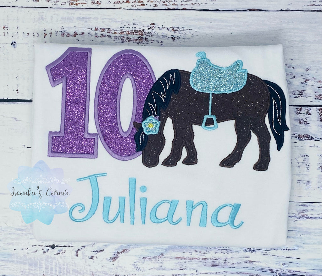 Girl 10th Birthday Shirt With Bay Brown Horse, Birthday Shirt with Horse and Saddle, 4th, 6th 7th Horse Birthday Shirt, Embroidered Horse