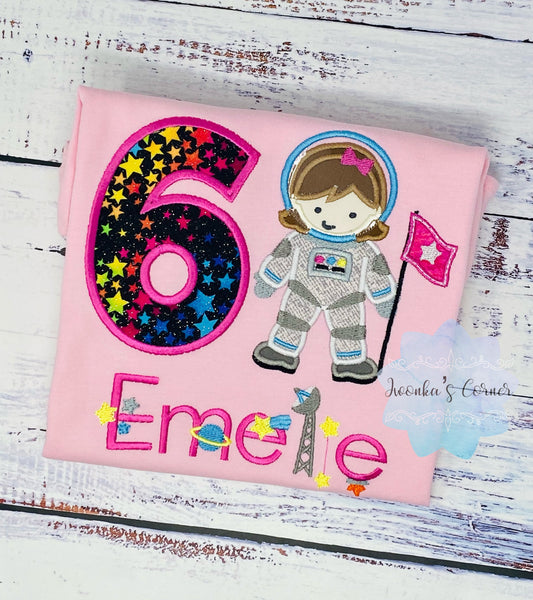 Girl Astronaut Shirt, 6th Astronaut Birthday Party, Astronaut T-shirt, Applique Space Ship, Astronaut Girl Birthday T-Shirt, Any age
