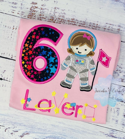 Girl Astronaut Shirt, 6th Astronaut Birthday Party, Astronaut T-shirt, Applique Space Ship, Astronaut Girl Birthday T-Shirt, Any age