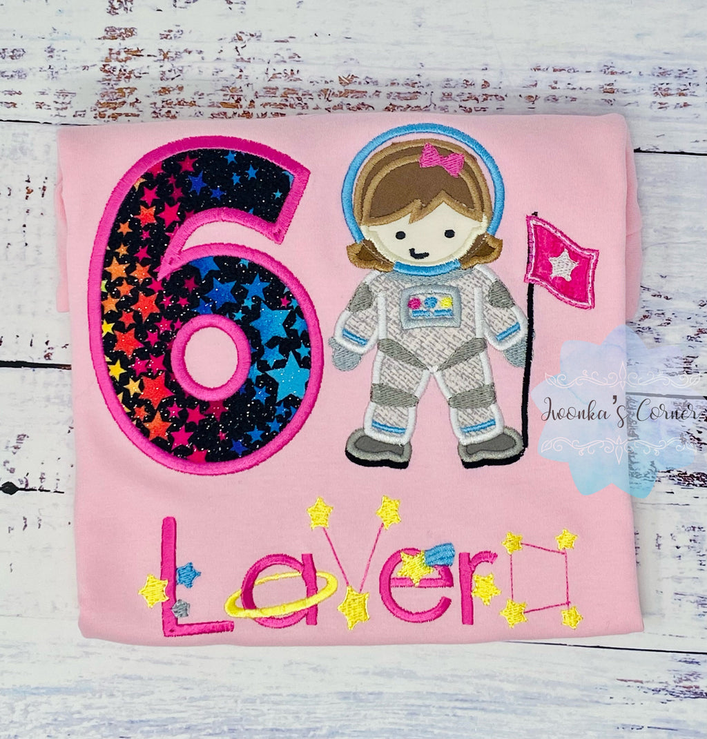 Girl Astronaut Shirt, 6th Astronaut Birthday Party, Astronaut T-shirt, Applique Space Ship, Astronaut Girl Birthday T-Shirt, Any age