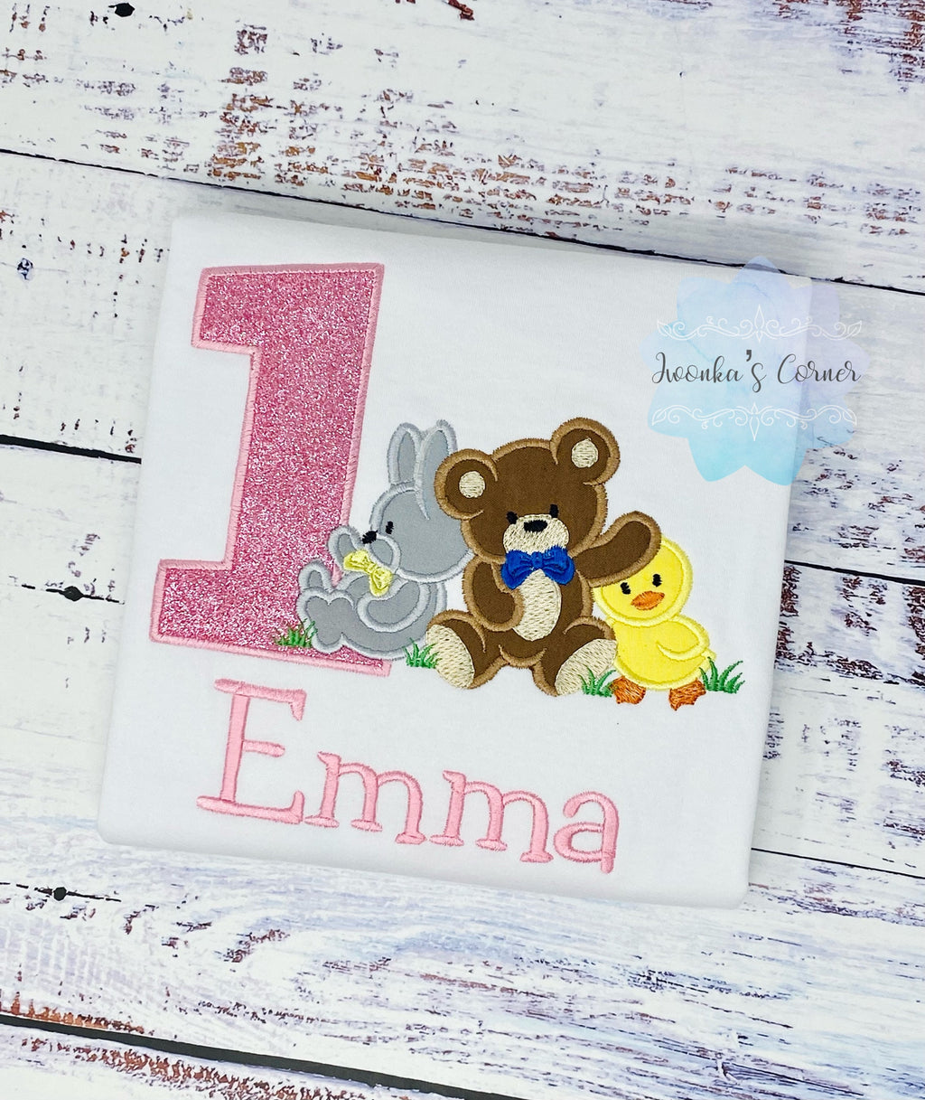 Girl 1st birthday embroidery shirt, Shirt with bear, duckling and bunny, Embroidery tee with animals, T-shirt with cute animals