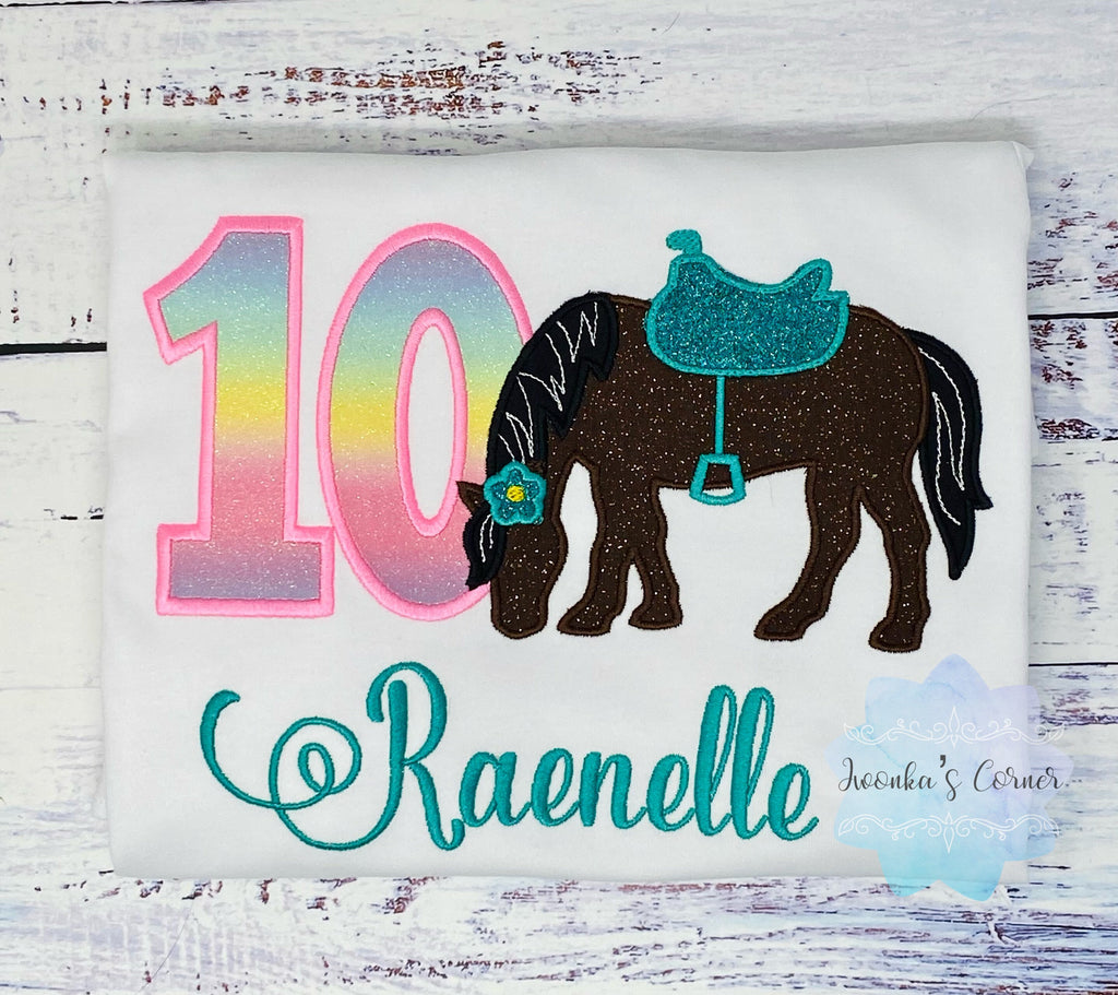 Girl 10th Birthday Shirt With Bay, Brown Horse, Birthday Shirt with Horse and Saddle, 4th, 6th 7th Horse Birthday Shirt, Embroidered Horse