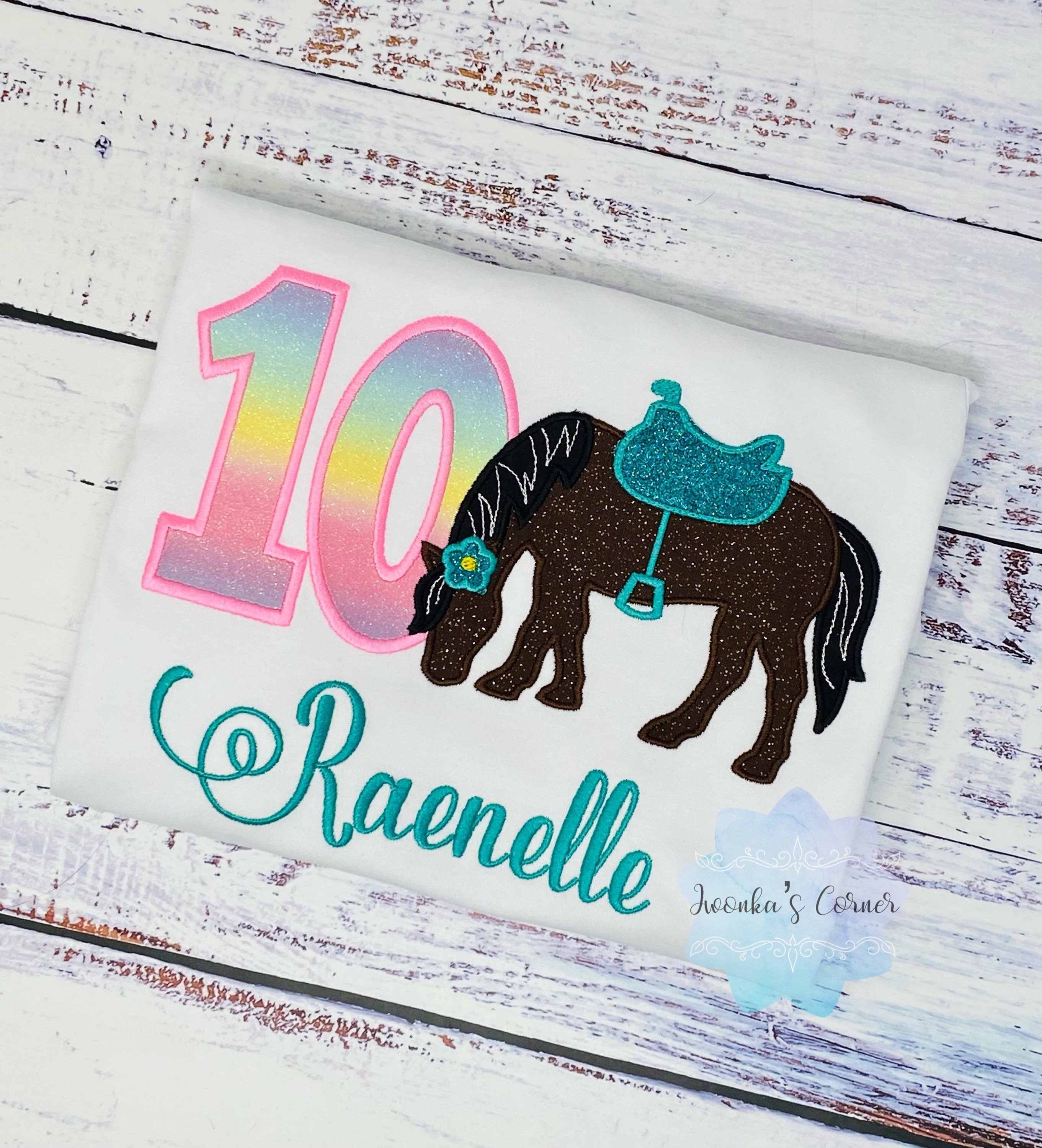 Girl 10th Birthday Shirt With Bay, Brown Horse, Birthday Shirt with Horse and Saddle, 4th, 6th 7th Horse Birthday Shirt, Embroidered Horse