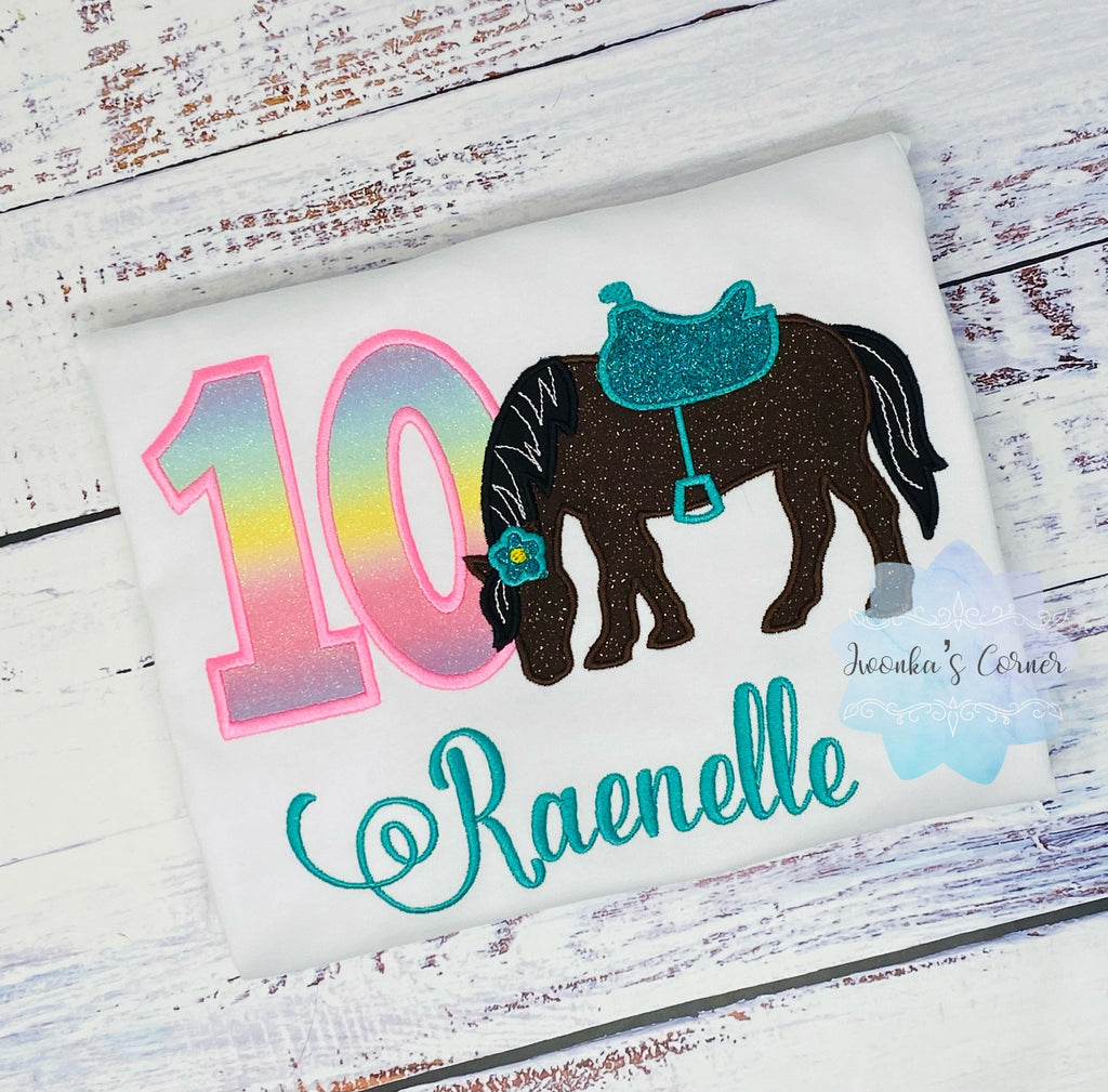 Girl 10th Birthday Shirt With Bay, Brown Horse, Birthday Shirt with Horse and Saddle, 4th, 6th 7th Horse Birthday Shirt, Embroidered Horse