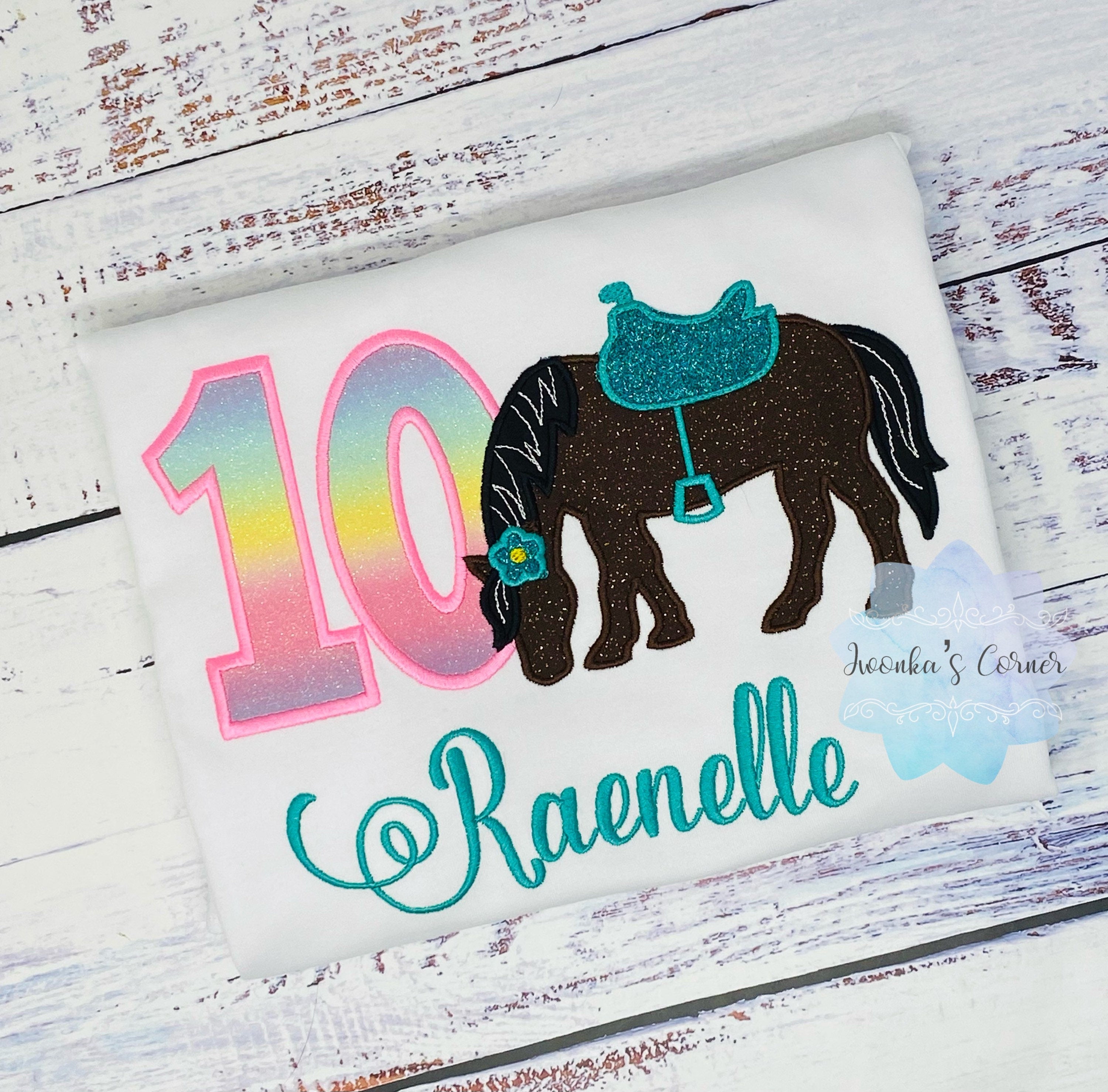 Girl 10th Birthday Shirt With Bay, Brown Horse, Birthday Shirt with Horse and Saddle, 4th, 6th 7th Horse Birthday Shirt, Embroidered Horse