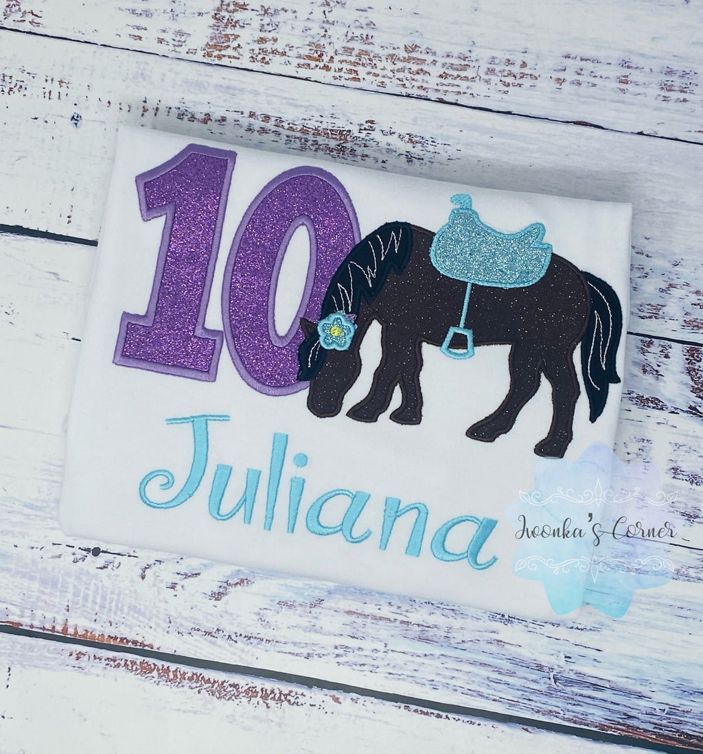 Girl 10th Birthday Shirt With Bay Brown Horse, Birthday Shirt with Horse and Saddle, 4th, 6th 7th Horse Birthday Shirt, Embroidered Horse