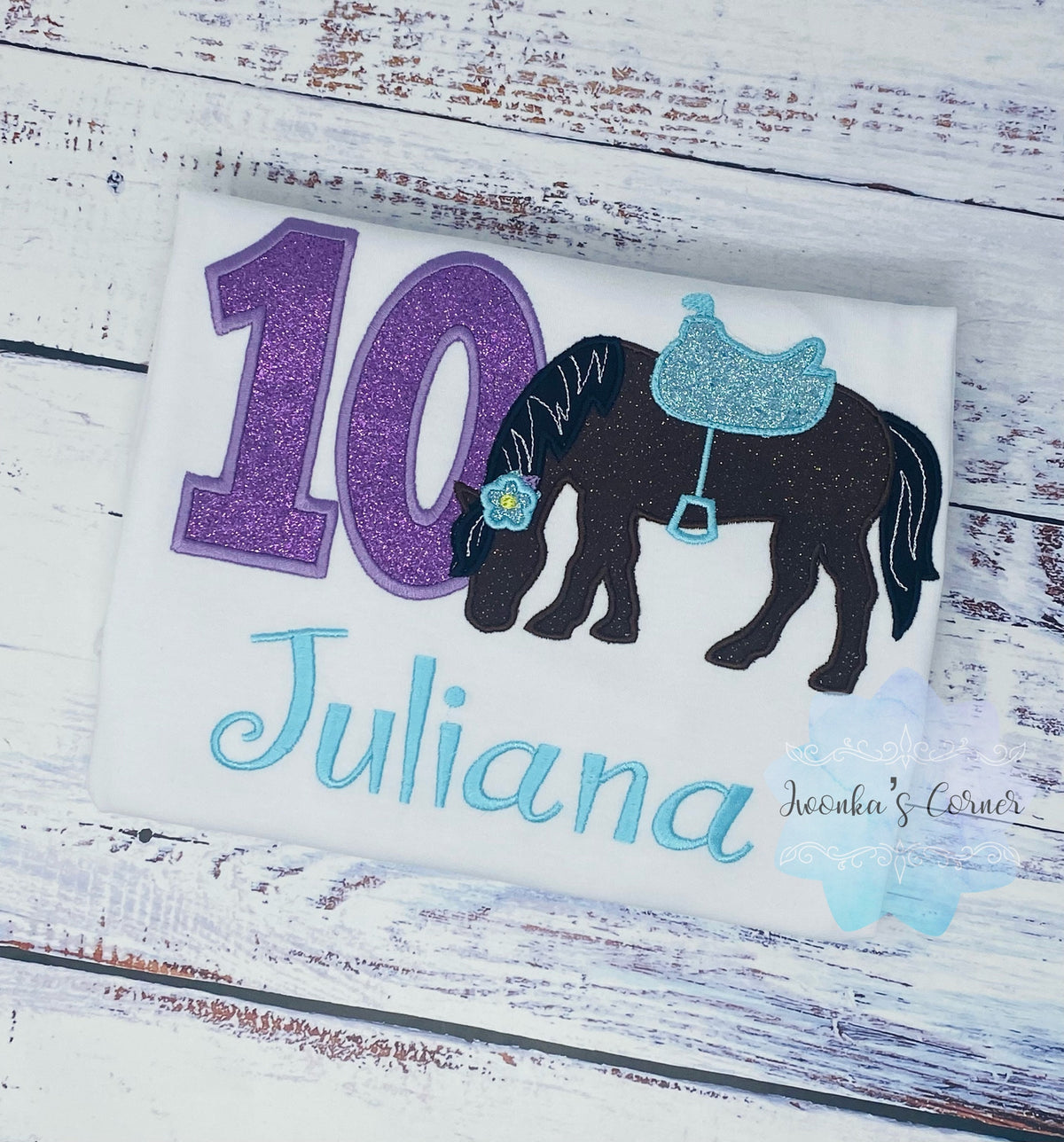 Girl 10th Birthday Shirt With Bay Brown Horse, Birthday Shirt with Horse and Saddle, 4th, 6th 7th Horse Birthday Shirt, Embroidered Horse