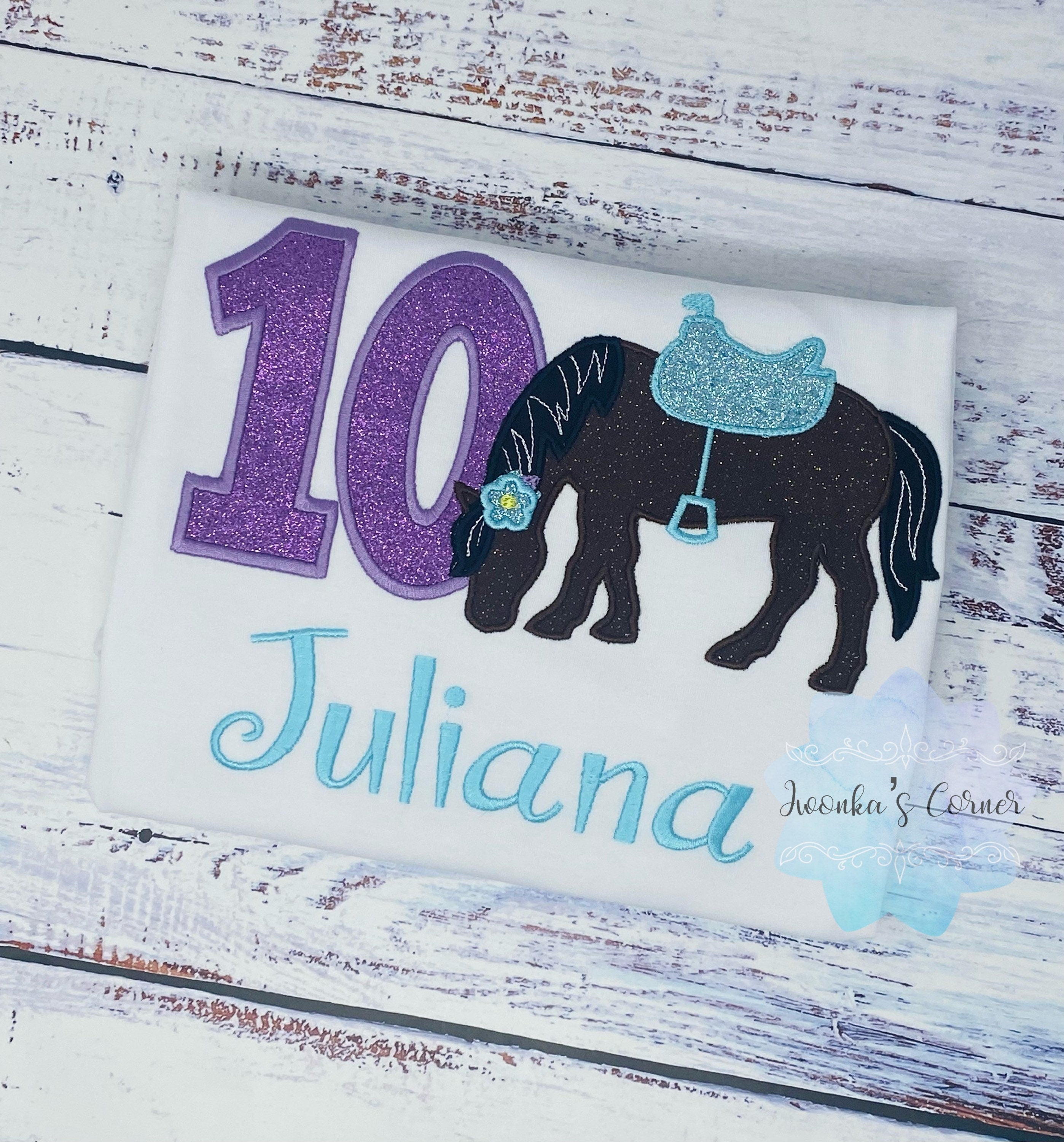 Girl 10th Birthday Shirt With Bay Brown Horse, Birthday Shirt with Horse and Saddle, 4th, 6th 7th Horse Birthday Shirt, Embroidered Horse