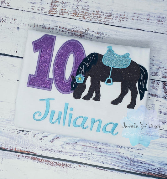 Girl 10th Birthday Shirt With Bay Brown Horse, Birthday Shirt with Horse and Saddle, 4th, 6th 7th Horse Birthday Shirt, Embroidered Horse