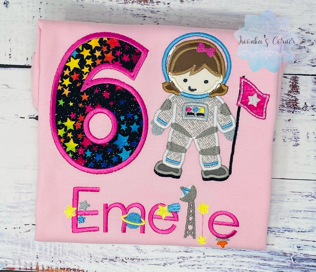 Girl Astronaut Shirt, 6th Astronaut Birthday Party, Astronaut T-shirt, Applique Space Ship, Astronaut Girl Birthday T-Shirt, Any age