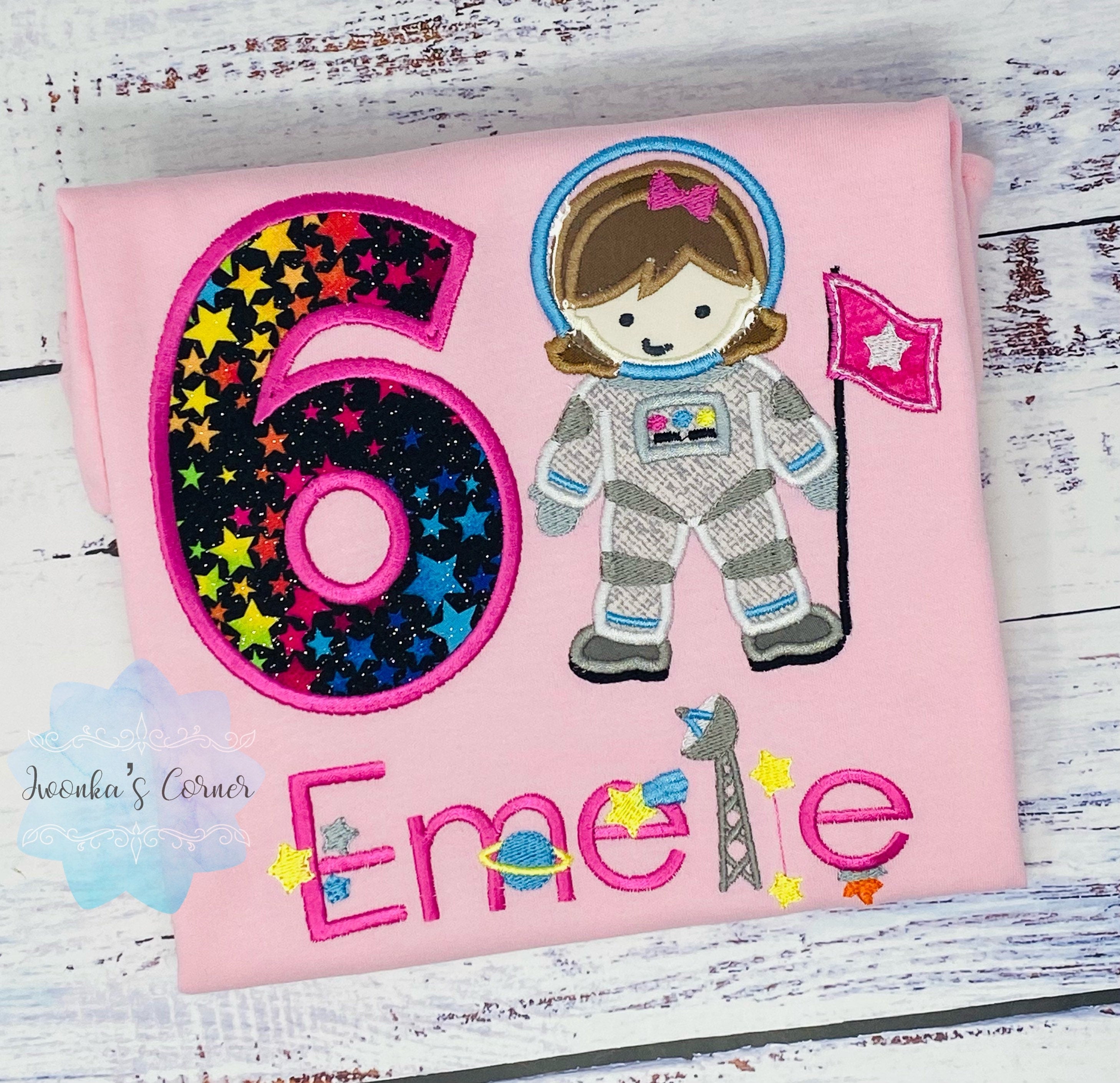 Girl Astronaut Shirt, 6th Astronaut Birthday Party, Astronaut T-shirt, Applique Space Ship, Astronaut Girl Birthday T-Shirt, Any age