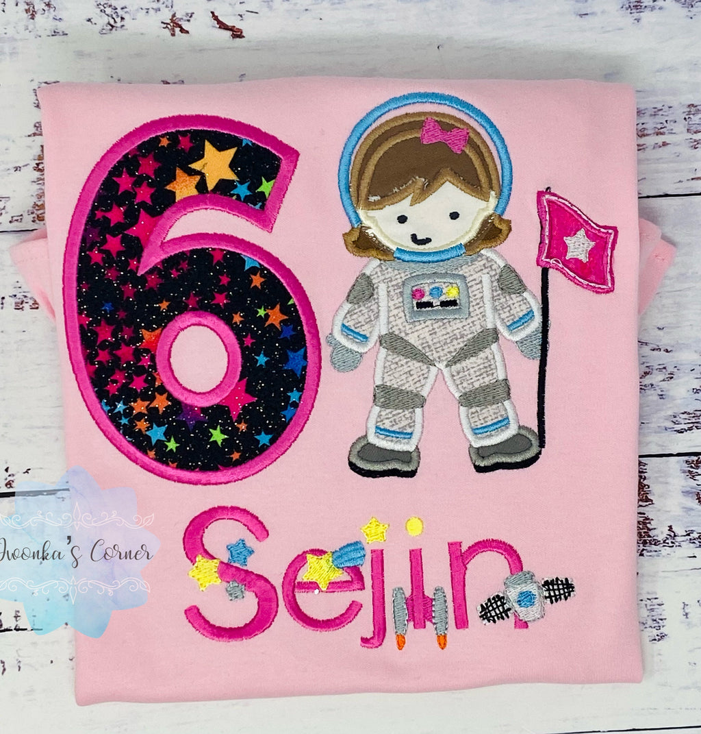 Girl Astronaut Shirt, 6th Astronaut Birthday Party, Astronaut T-shirt, Applique Space Ship, Astronaut Girl Birthday T-Shirt, Any age