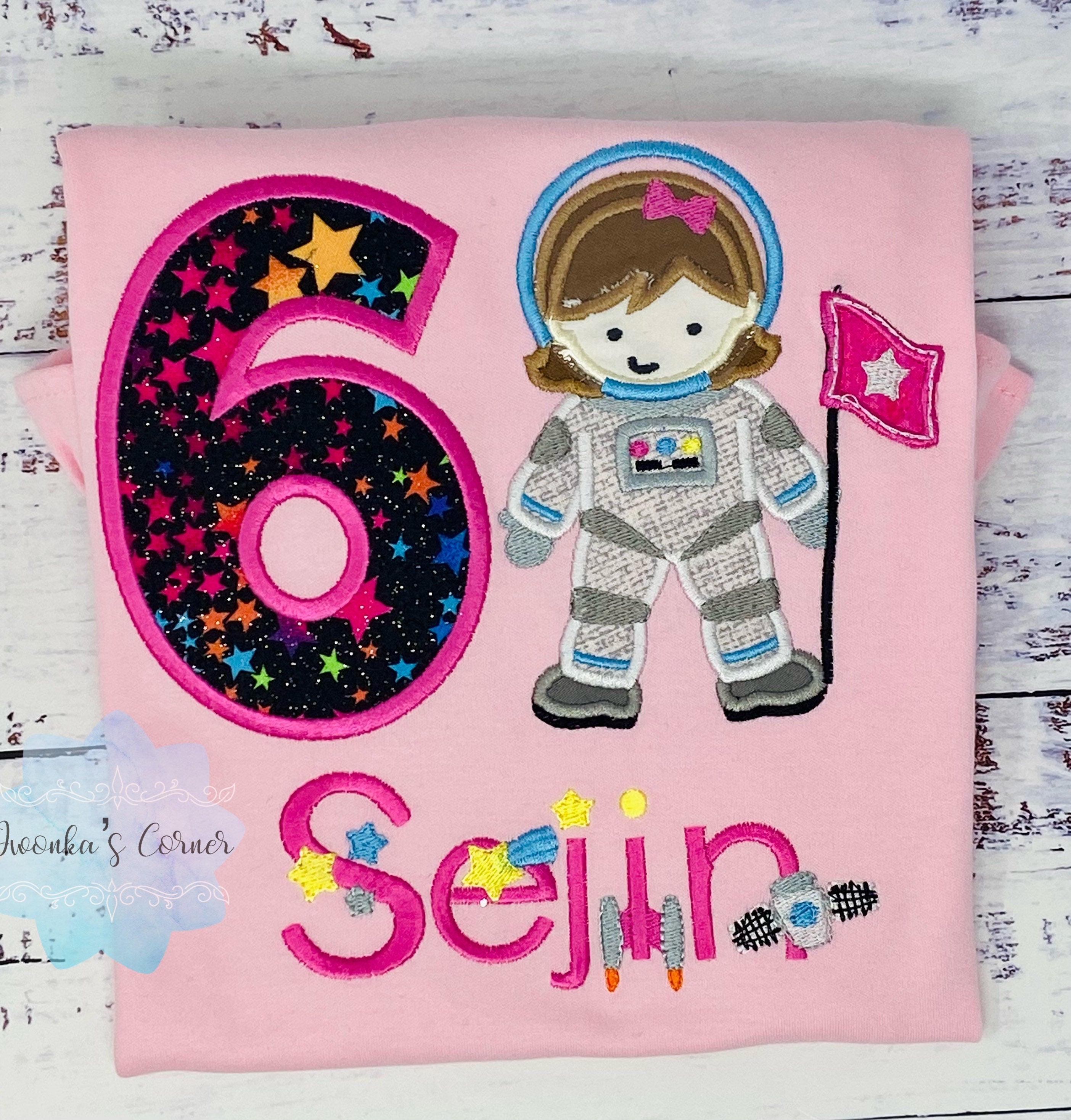Girl Astronaut Shirt, 6th Astronaut Birthday Party, Astronaut T-shirt, Applique Space Ship, Astronaut Girl Birthday T-Shirt, Any age