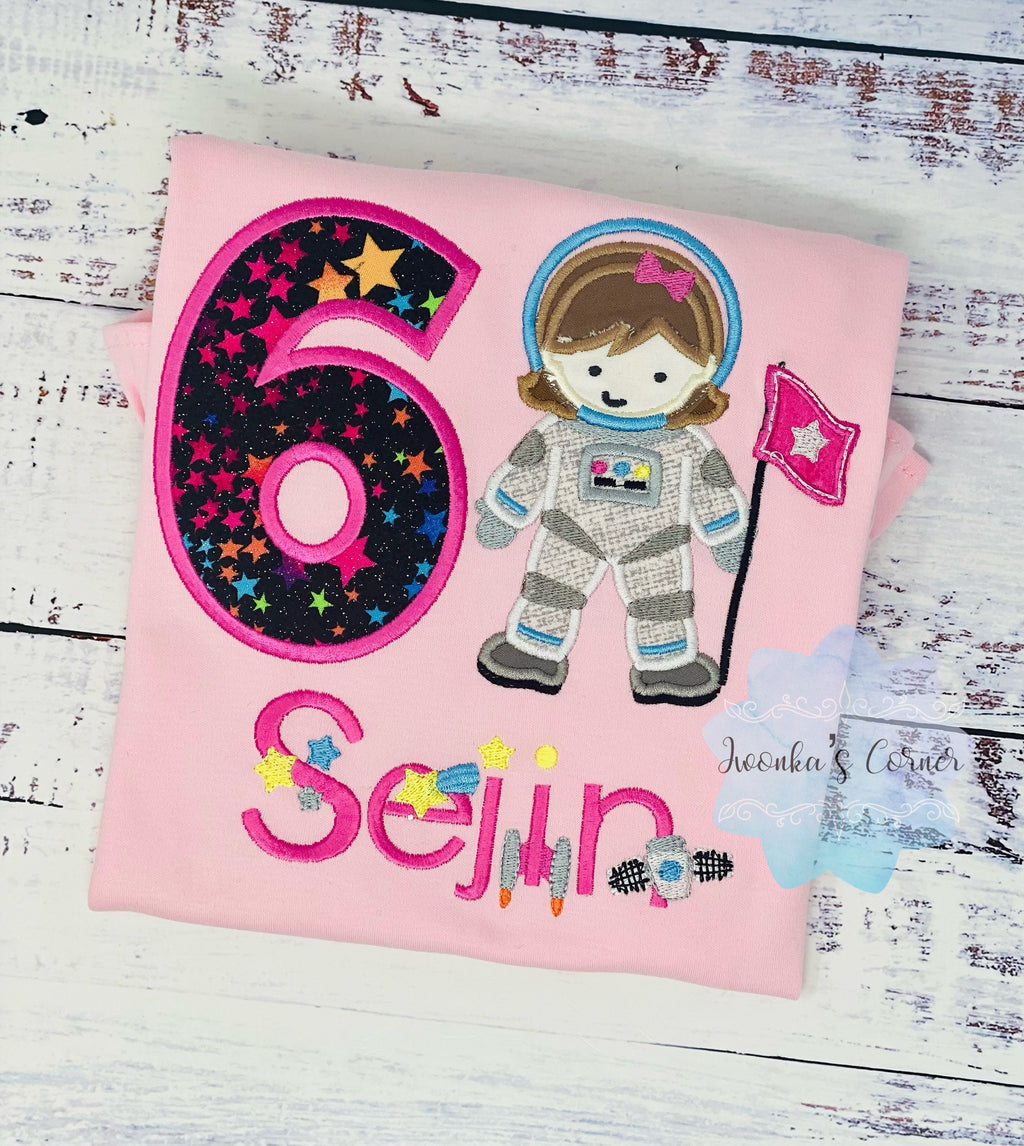 Girl Astronaut Shirt, 6th Astronaut Birthday Party, Astronaut T-shirt, Applique Space Ship, Astronaut Girl Birthday T-Shirt, Any age