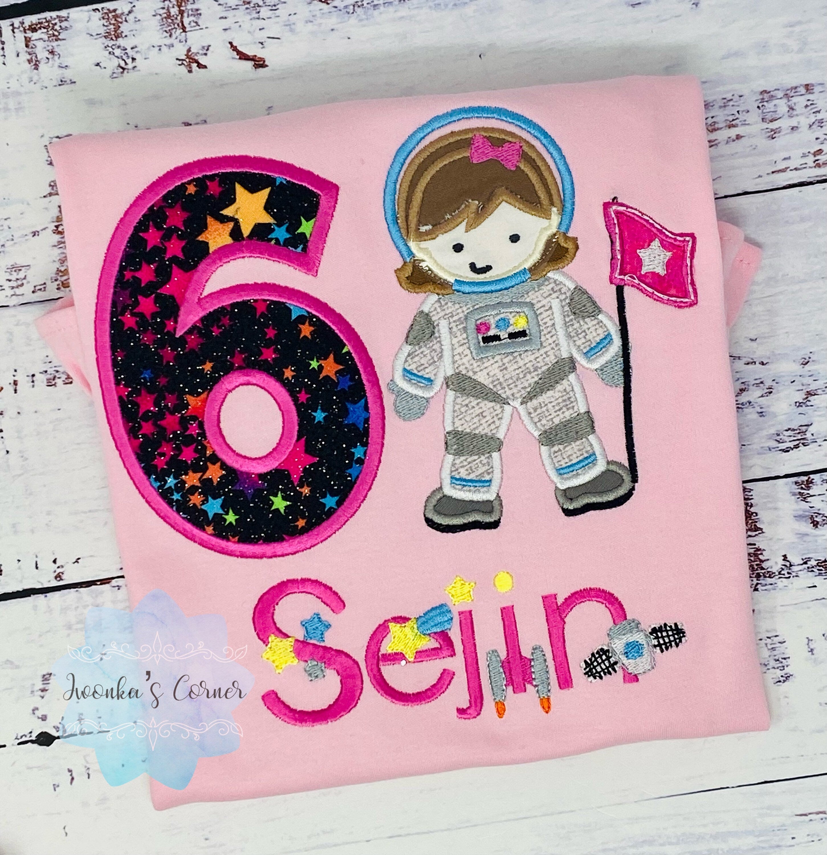 Girl Astronaut Shirt, 6th Astronaut Birthday Party, Astronaut T-shirt, Applique Space Ship, Astronaut Girl Birthday T-Shirt, Any age