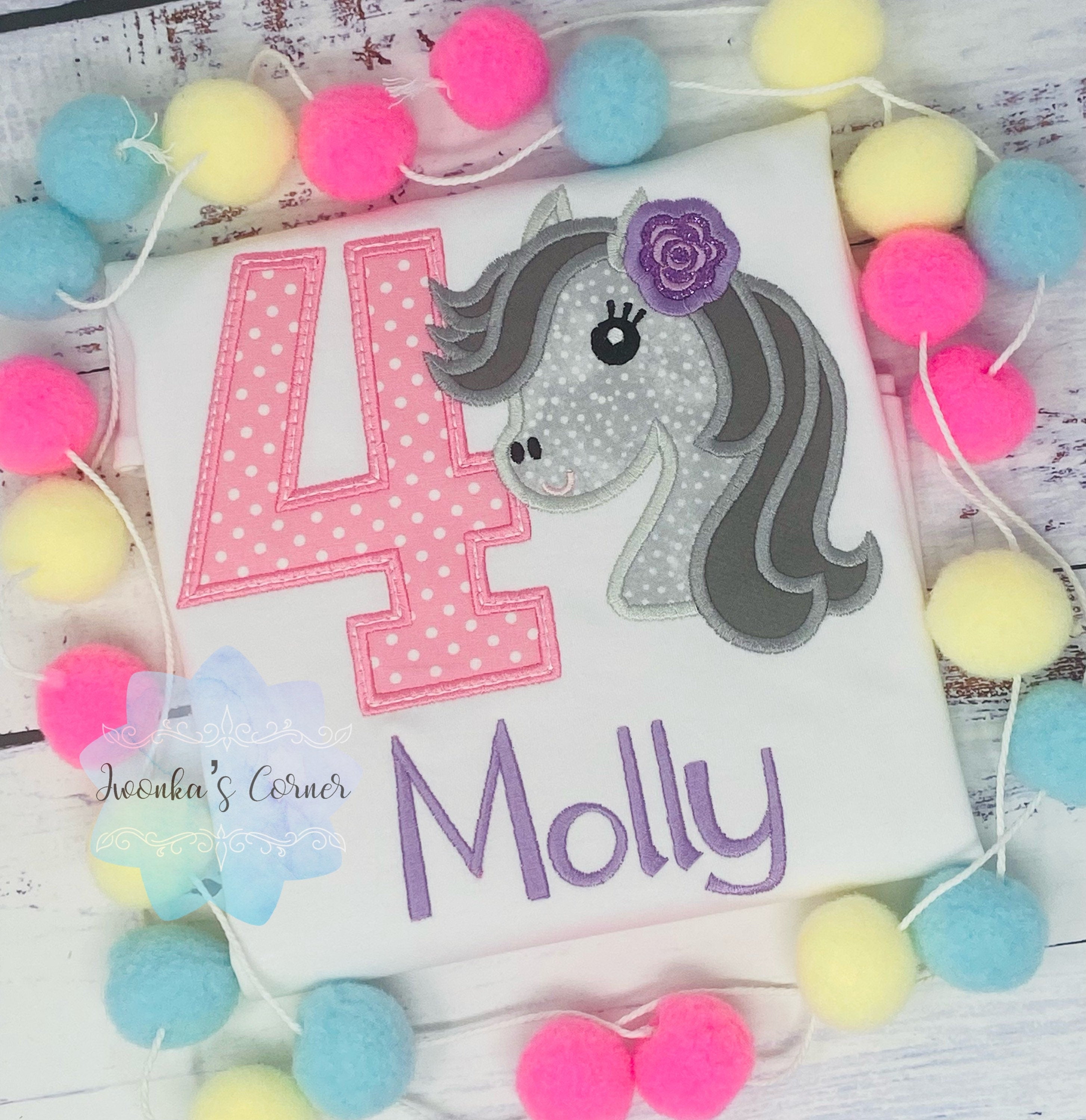 Girl 4th Birthday Shirt With Grey Dappled Horse, Birthday Shirt with pony, Any age Horse Embroidery Birthday Shirt, Spotted grey horse shirt