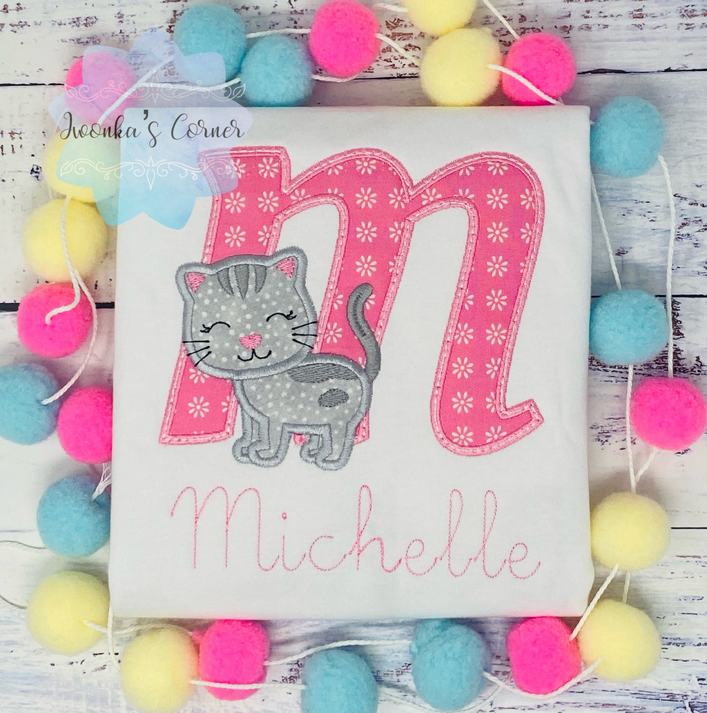 Monogrammed Shirt for Girl with Kitten, Personalized Shirt with Cute Grey Cat, Tee with cat