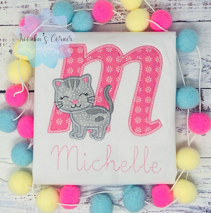 Monogrammed Shirt for Girl with Kitten, Personalized Shirt with Cute Grey Cat, Tee with cat