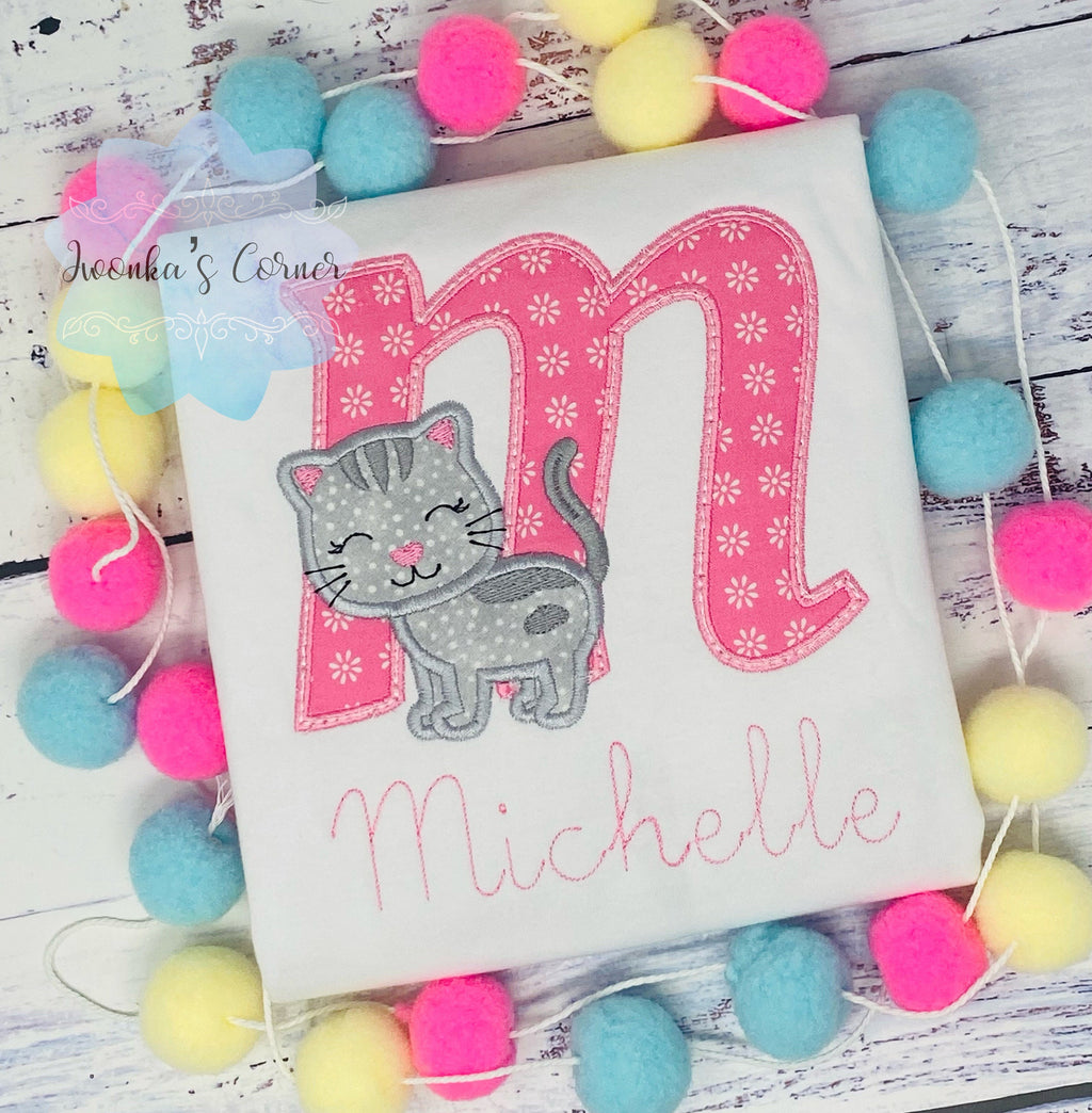 Monogrammed Shirt for Girl with Kitten, Personalized Shirt with Cute Grey Cat, Tee with cat