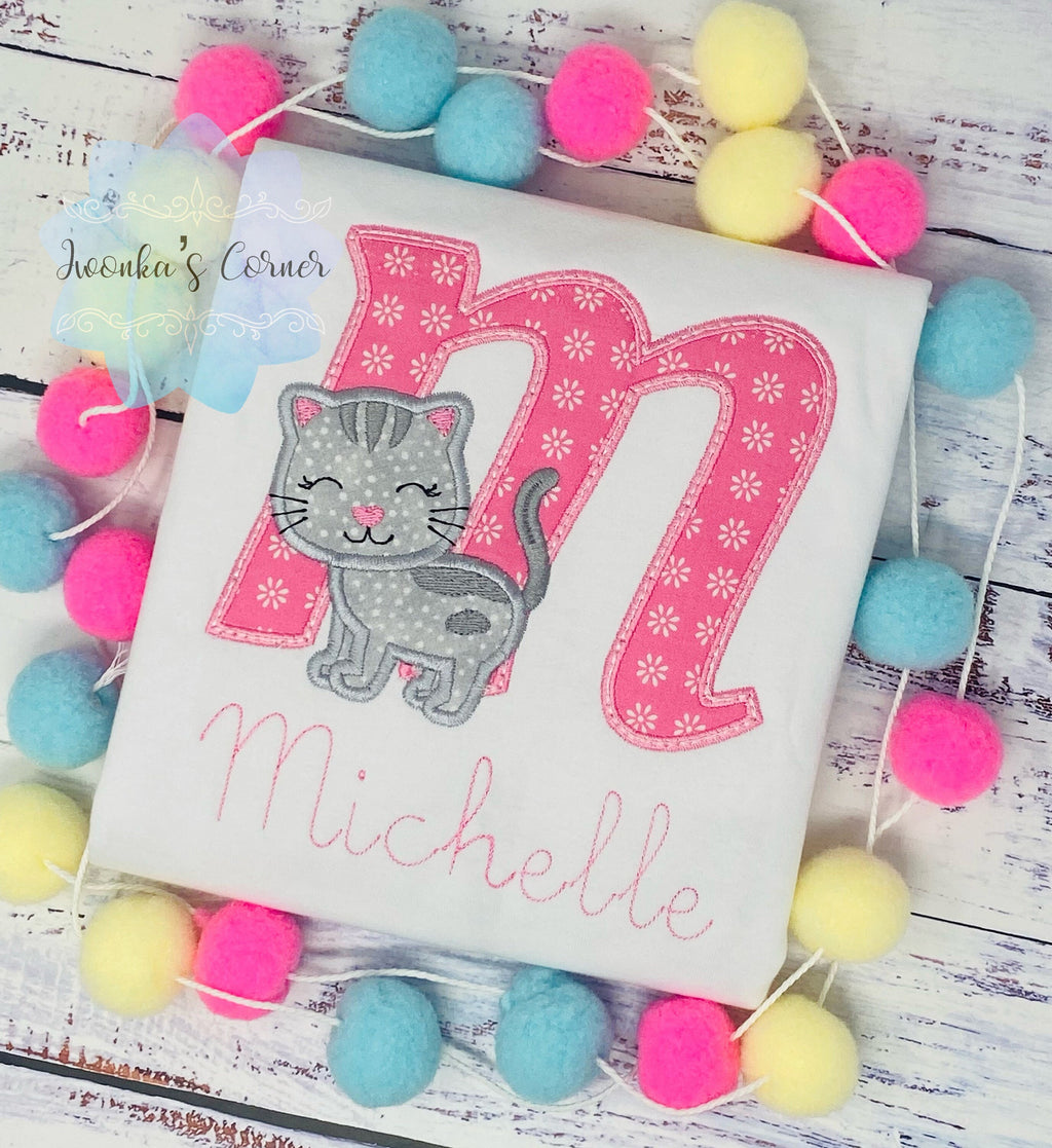 Monogrammed Shirt for Girl with Kitten, Personalized Shirt with Cute Grey Cat, Tee with cat