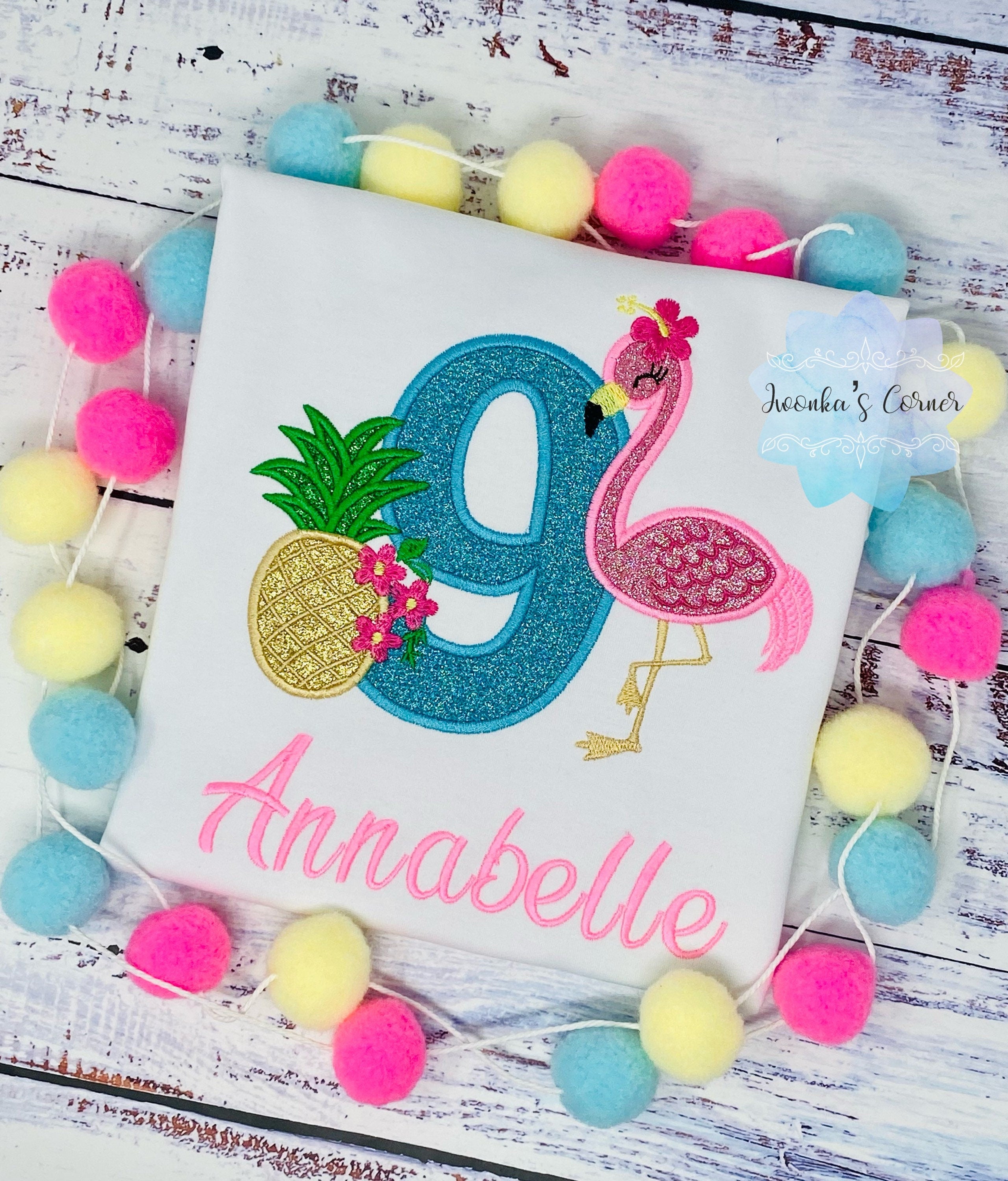 Girl 9th Birthday Tropical Theme Shirt, Girl Shirt With Flamingo and Pineapple, Age 1-9, Tropical Birthday Shirt