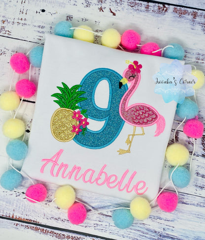 Girl 9th Birthday Tropical Theme Shirt, Girl Shirt With Flamingo and Pineapple, Age 1-9, Tropical Birthday Shirt