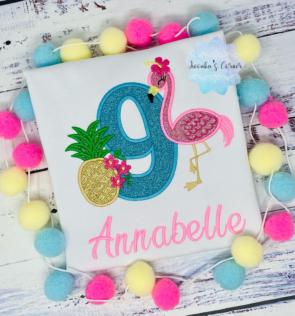Girl 9th Birthday Tropical Theme Shirt, Girl Shirt With Flamingo and Pineapple, Age 1-9, Tropical Birthday Shirt