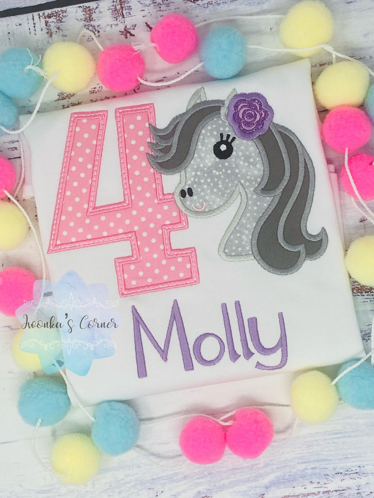 Girl 4th Birthday Shirt With Grey Dappled Horse, Birthday Shirt with pony, Any age Horse Embroidery Birthday Shirt, Spotted grey horse shirt