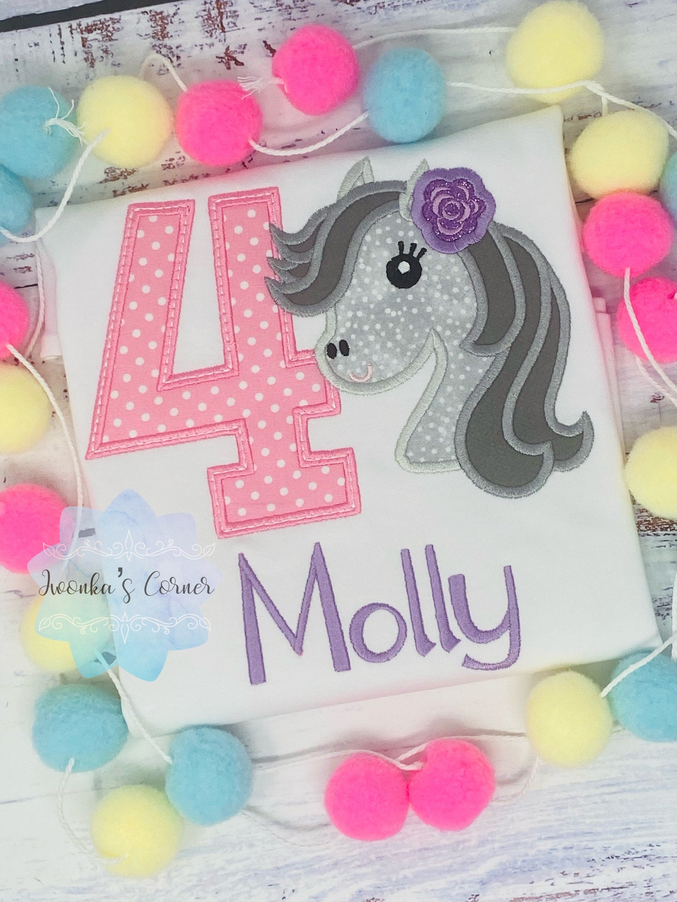 Girl 4th Birthday Shirt With Grey Dappled Horse, Birthday Shirt with pony, Any age Horse Embroidery Birthday Shirt, Spotted grey horse shirt