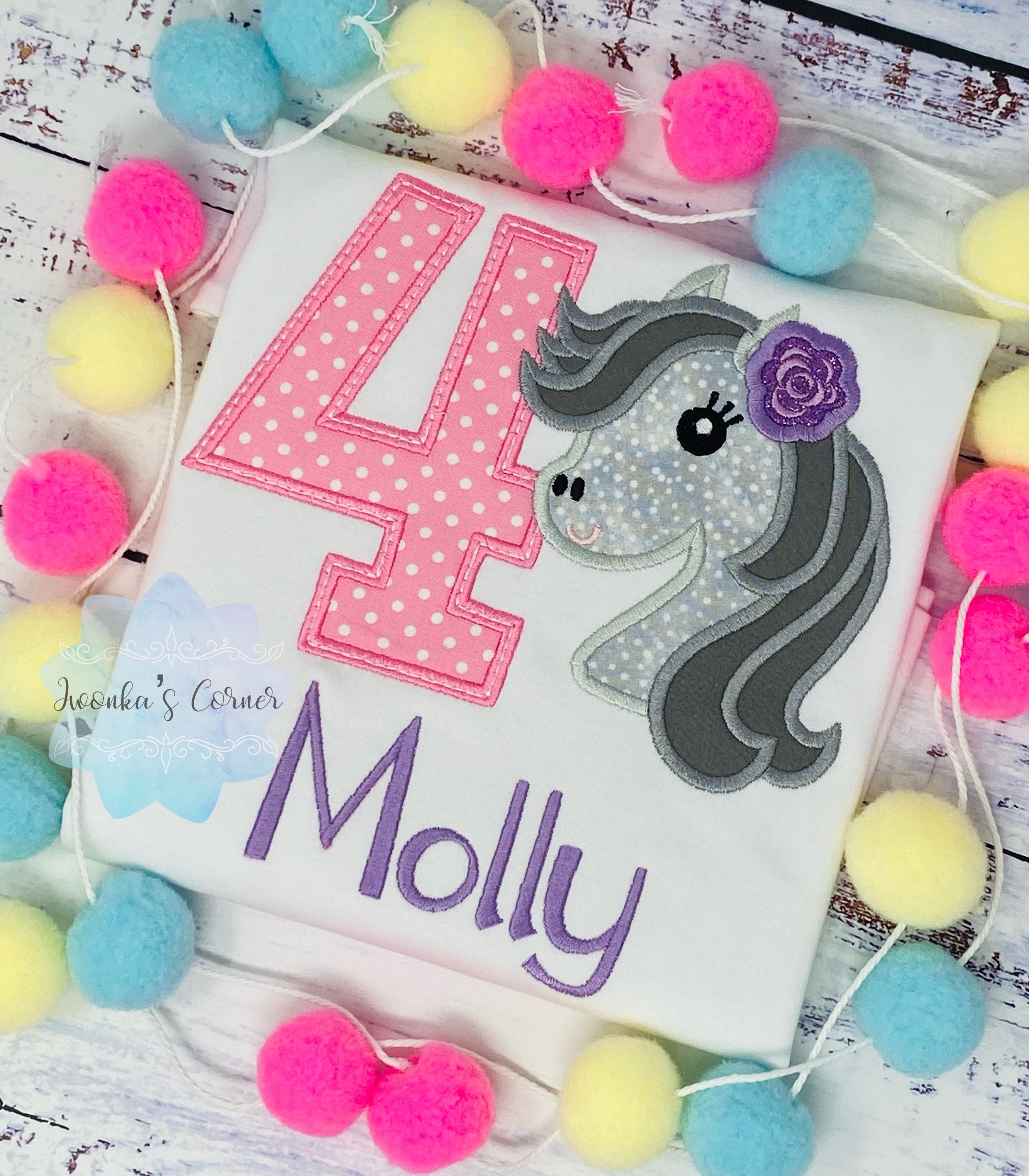 Girl 4th Birthday Shirt With Grey Dappled Horse, Birthday Shirt with pony, Any age Horse Embroidery Birthday Shirt, Spotted grey horse shirt