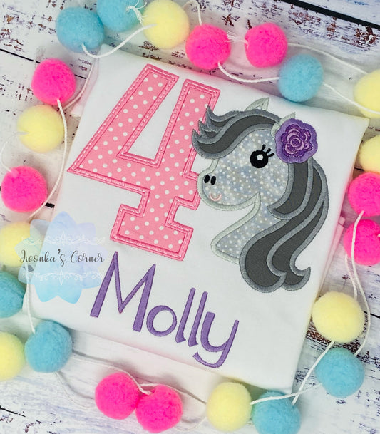Girl 4th Birthday Shirt With Grey Dappled Horse, Birthday Shirt with pony, Any age Horse Embroidery Birthday Shirt, Spotted grey horse shirt
