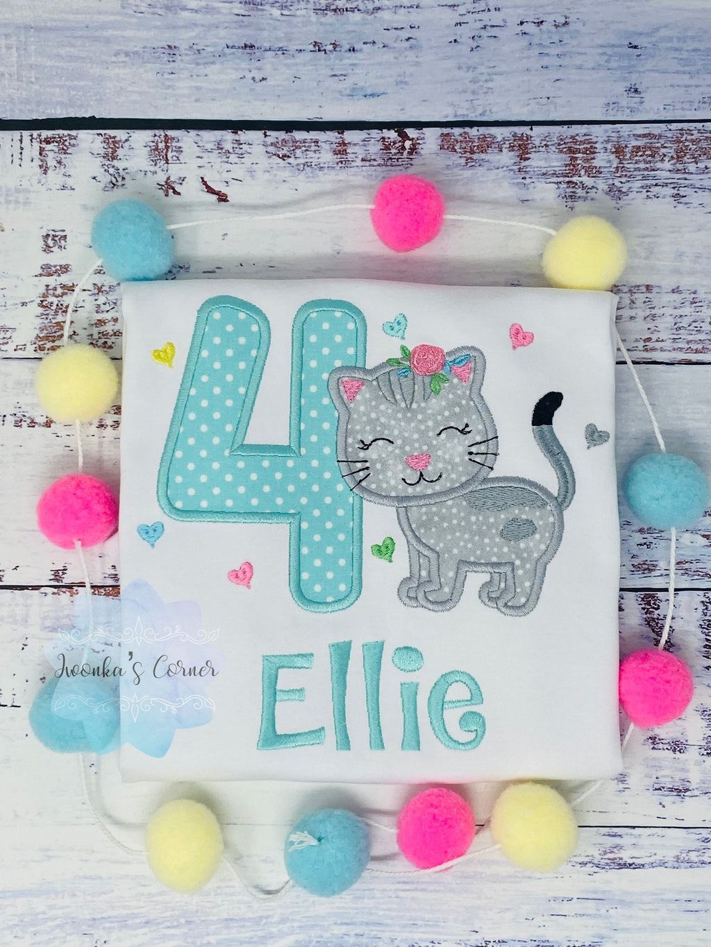 Girl Birthday Shirt with Kitten, Personalized Shirt with Cute Grey Cat, Tee with cat