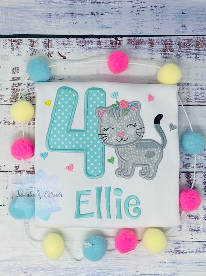 Girl Birthday Shirt with Kitten, Personalized Shirt with Cute Grey Cat, Tee with cat