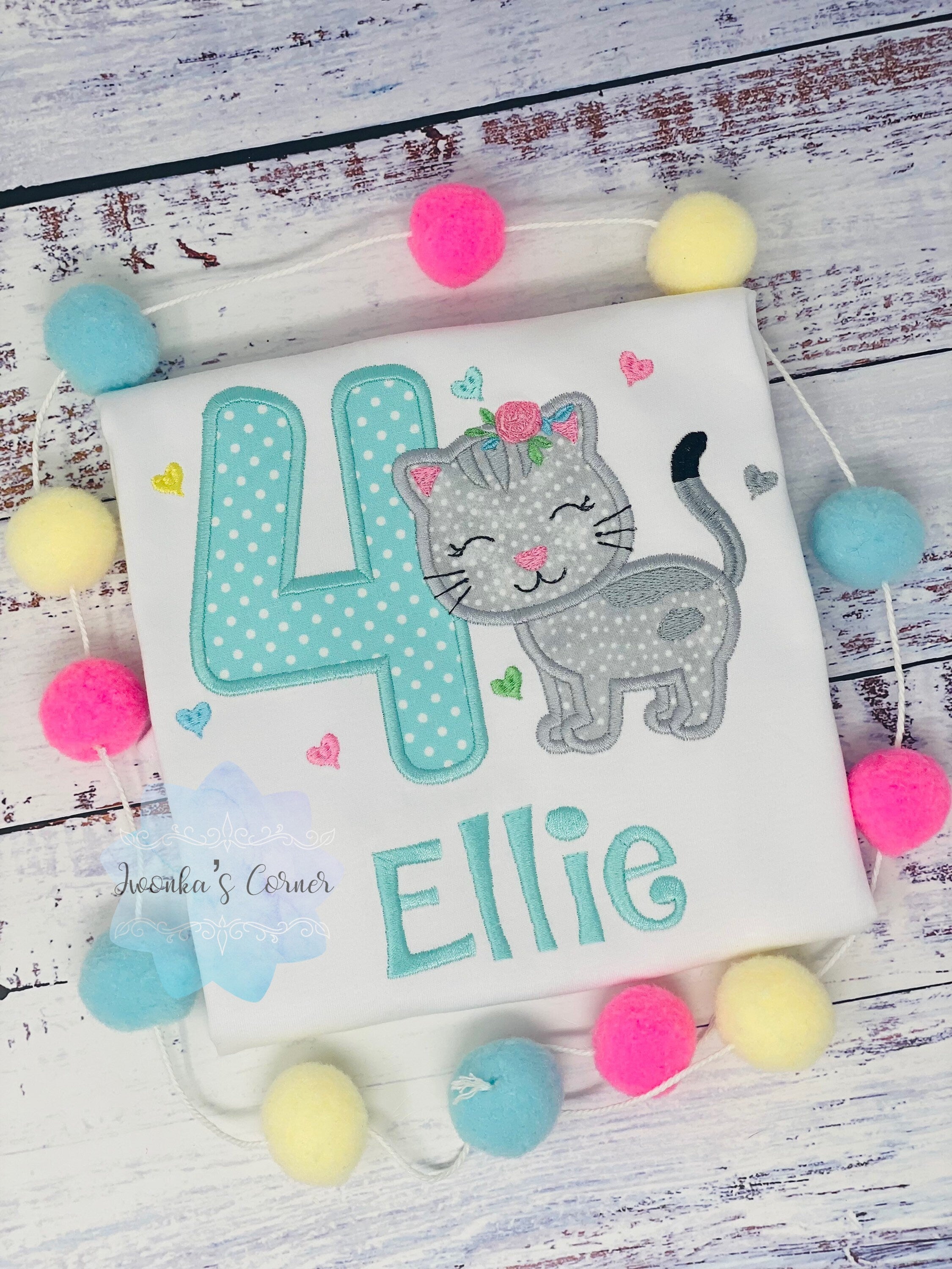 Girl Birthday Shirt with Kitten, Personalized Shirt with Cute Grey Cat, Tee with cat