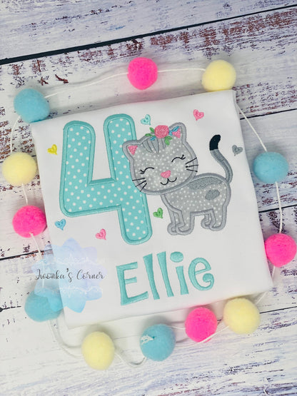 Girl Birthday Shirt with Kitten, Personalized Shirt with Cute Grey Cat, Tee with cat