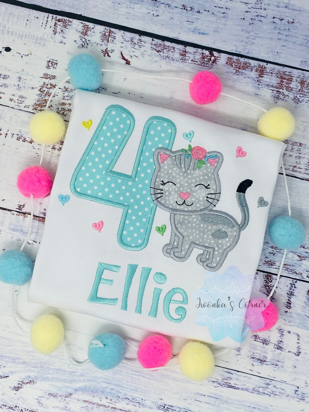 Girl Birthday Shirt with Kitten, Personalized Shirt with Cute Grey Cat, Tee with cat
