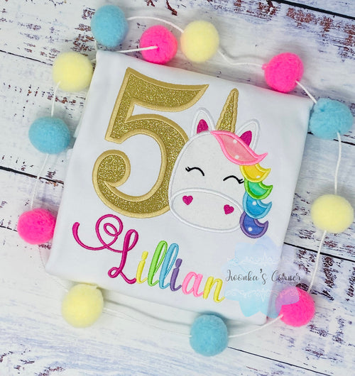 5th Birthday shirt with rainbow unicorn , Rainbow Name and gold number, Unicorn party, Unicorn outfit for a girl 2nd, 3rd, 4th birthday